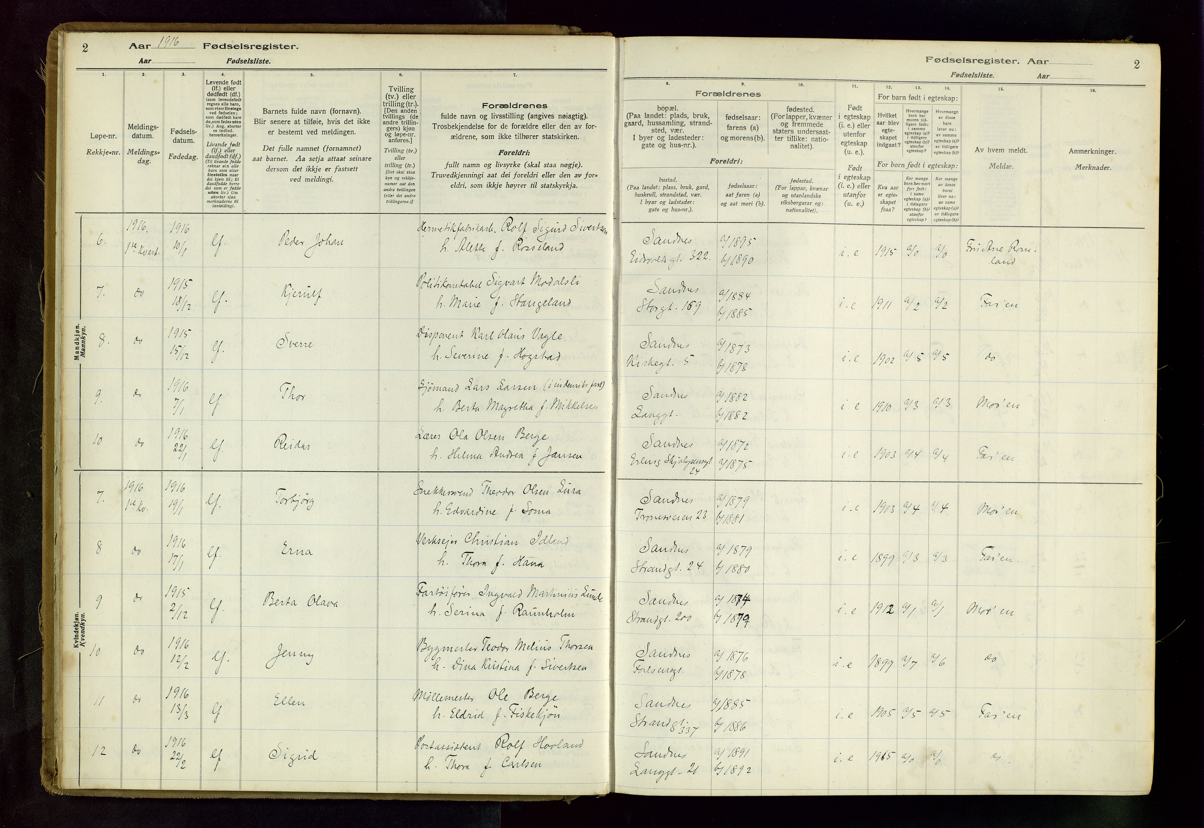 Sandnes sokneprestkontor, SAST/A-101800/704BA/L0001: Fødselsregister nr. 1, 1916-1942, s. 2