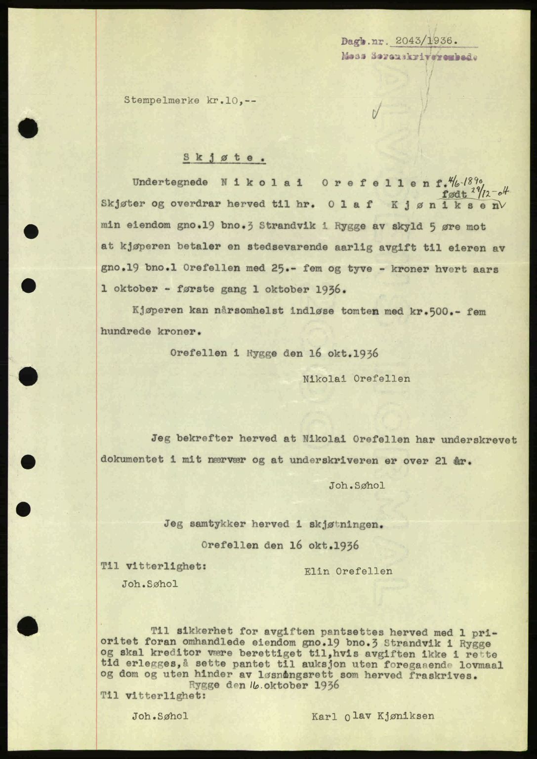 Moss sorenskriveri, SAO/A-10168: Pantebok nr. A2, 1936-1937, Dagboknr: 2043/1936