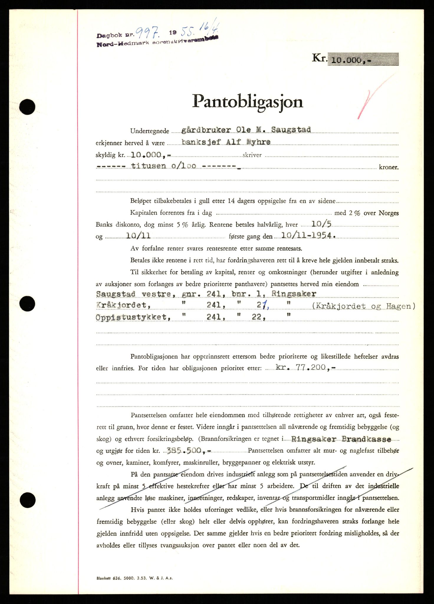 Nord-Hedmark sorenskriveri, SAH/TING-012/H/Hb/Hbf/L0032: Pantebok nr. B32, 1955-1955, Dagboknr: 997/1952