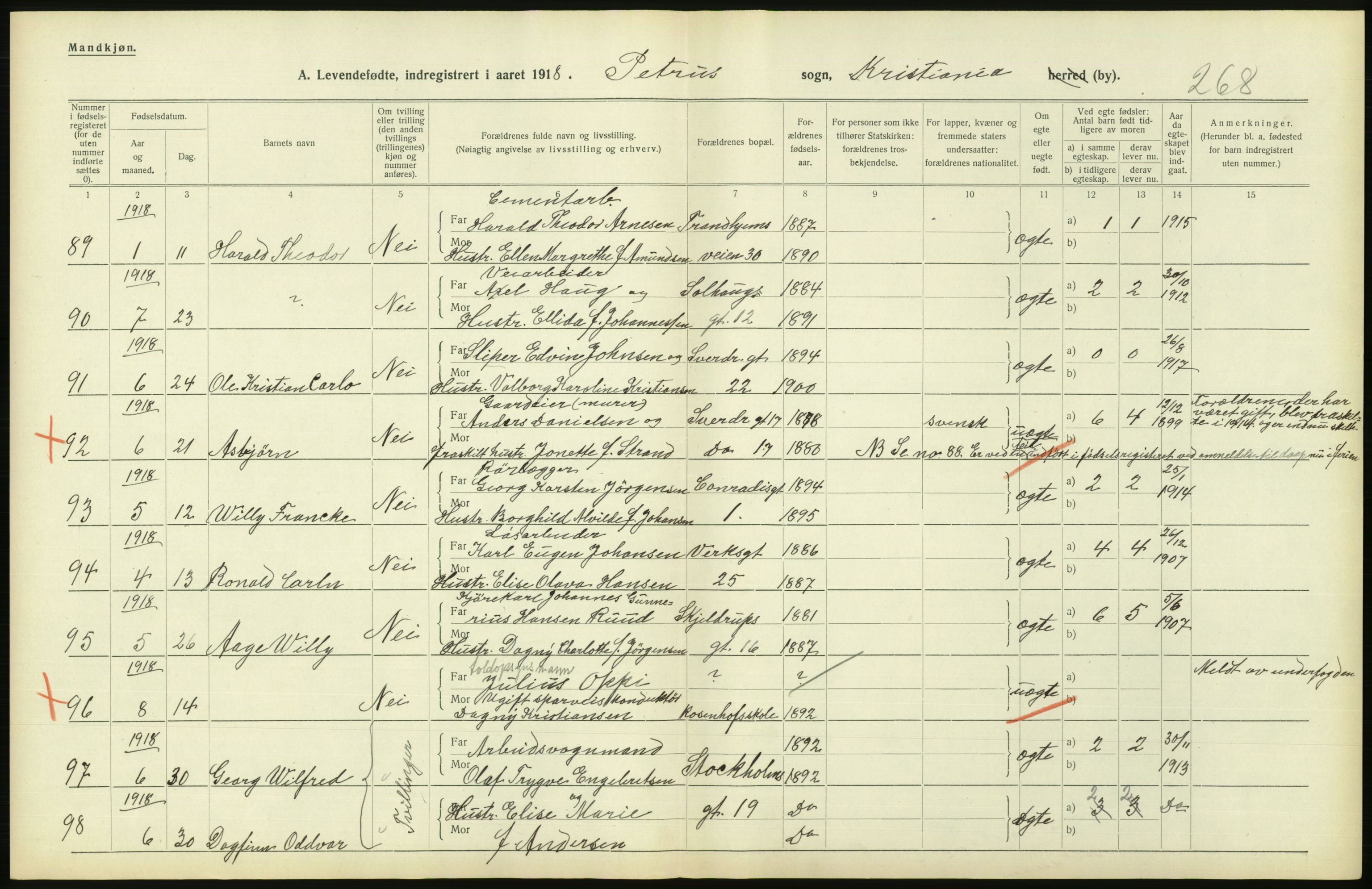 Statistisk sentralbyrå, Sosiodemografiske emner, Befolkning, AV/RA-S-2228/D/Df/Dfb/Dfbh/L0008: Kristiania: Levendefødte menn og kvinner., 1918, s. 606