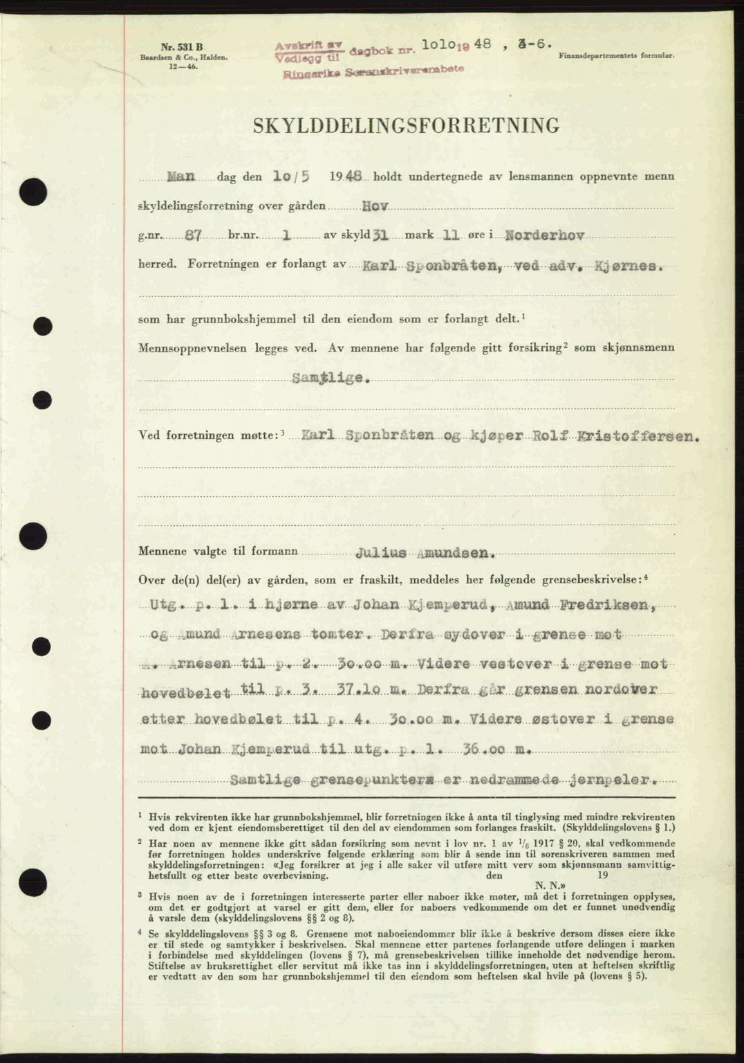 Ringerike sorenskriveri, SAKO/A-105/G/Ga/Gab/L0088: Pantebok nr. A-19, 1948-1948, Dagboknr: 1010/1948