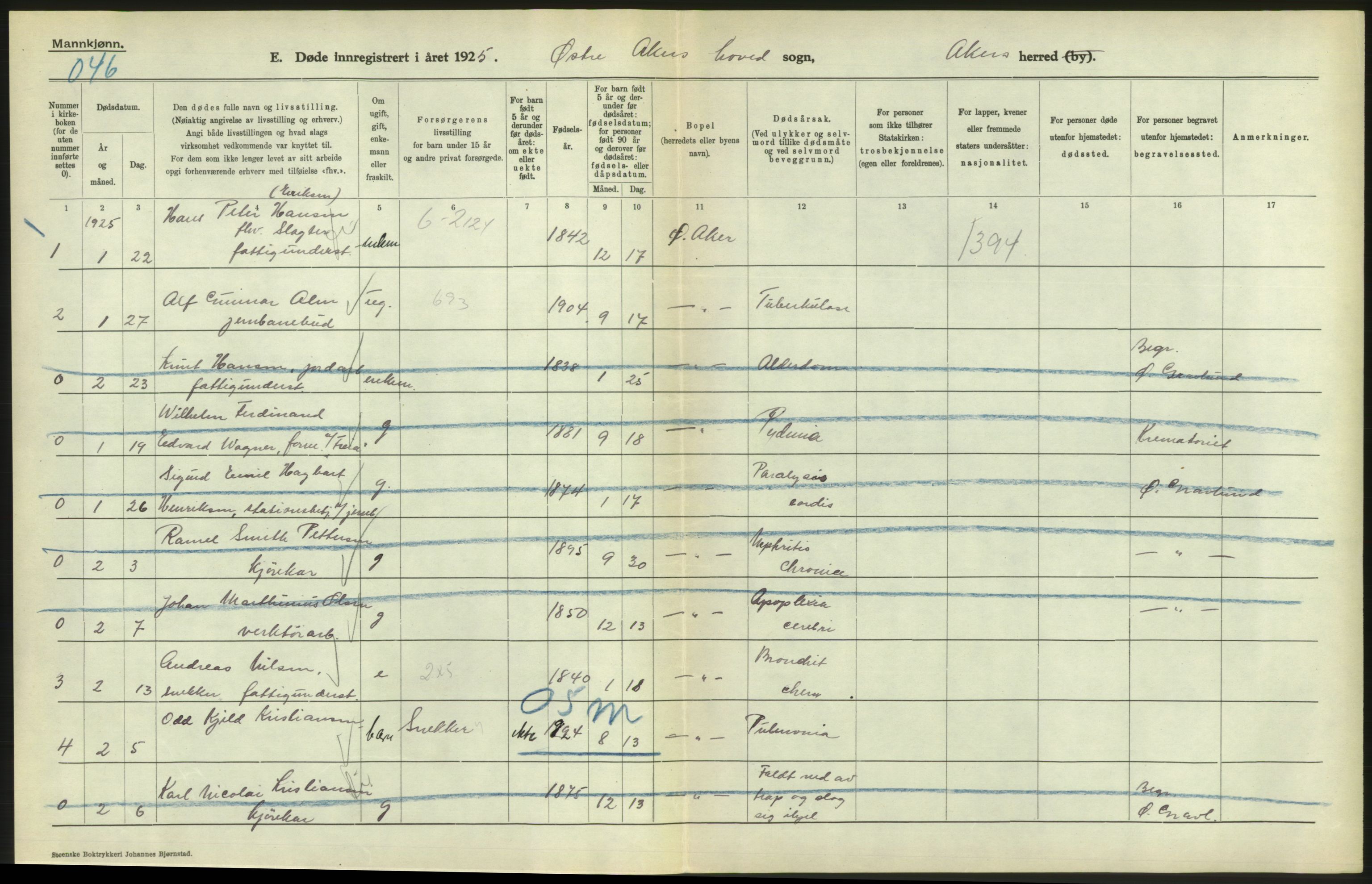 Statistisk sentralbyrå, Sosiodemografiske emner, Befolkning, AV/RA-S-2228/D/Df/Dfc/Dfce/L0005: Akershus amt: Døde, gifte. Bygder og byer., 1925