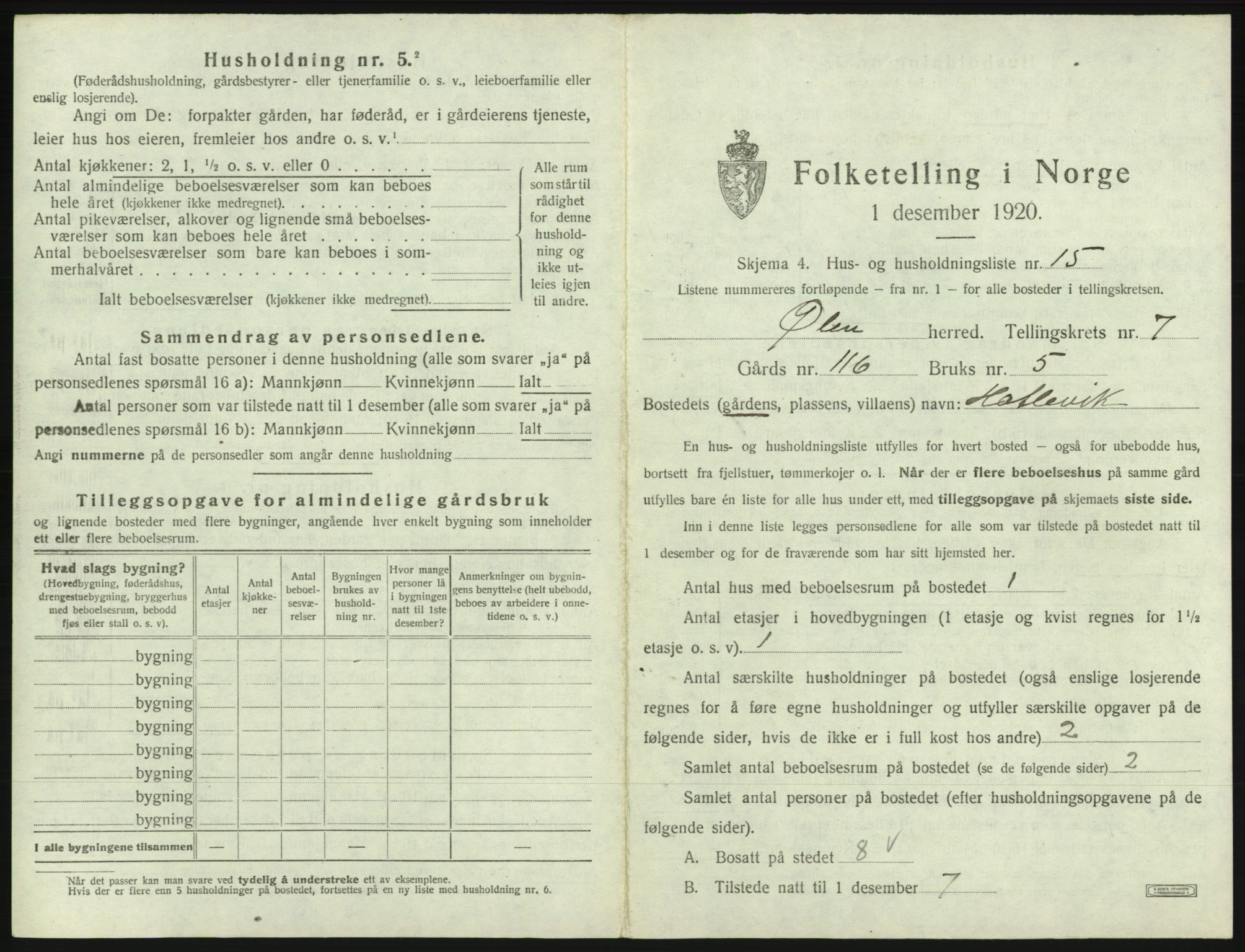 SAB, Folketelling 1920 for 1214 Ølen herred, 1920, s. 543