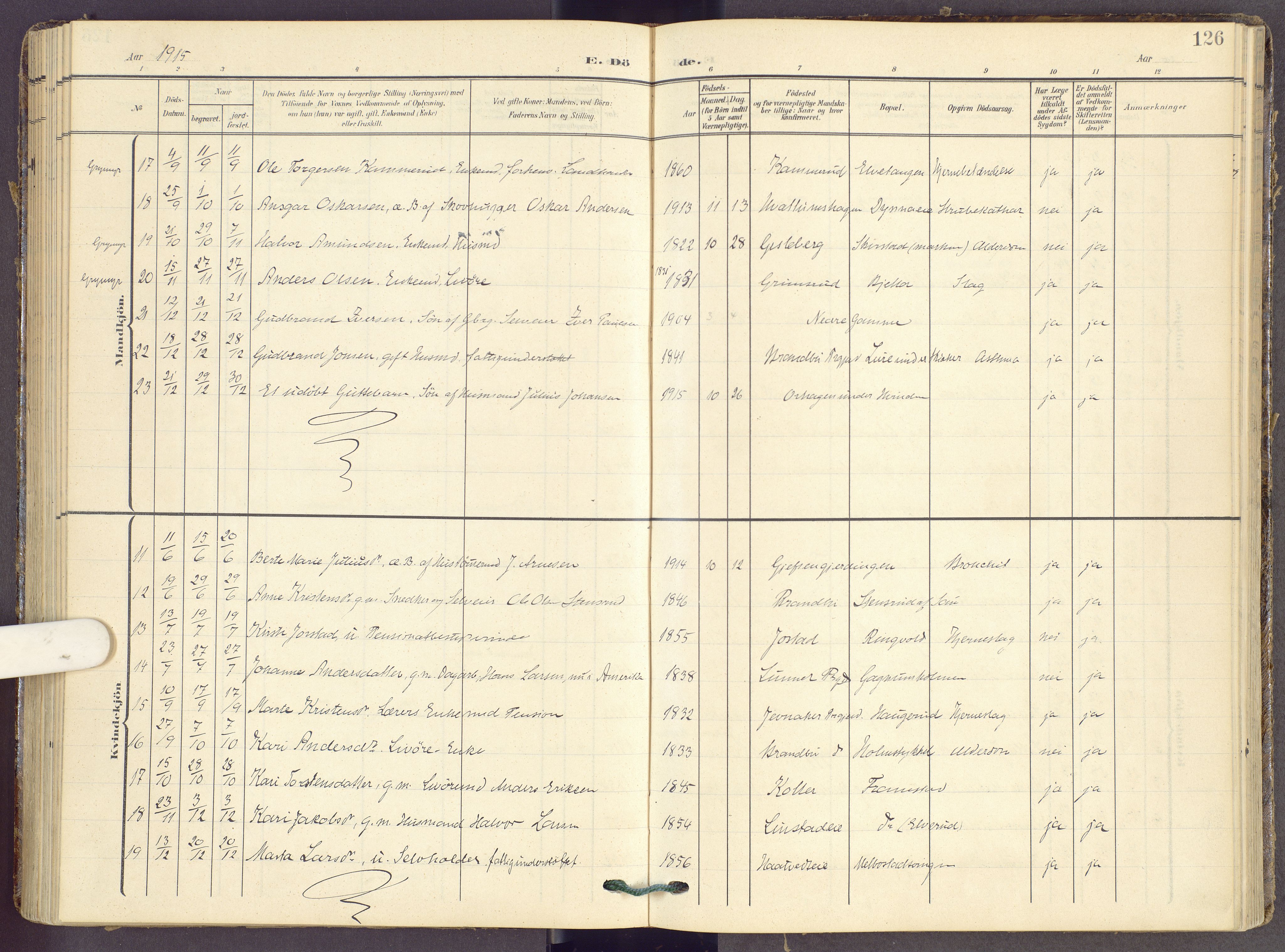 Gran prestekontor, AV/SAH-PREST-112/H/Ha/Haa/L0022: Ministerialbok nr. 22, 1908-1918, s. 126