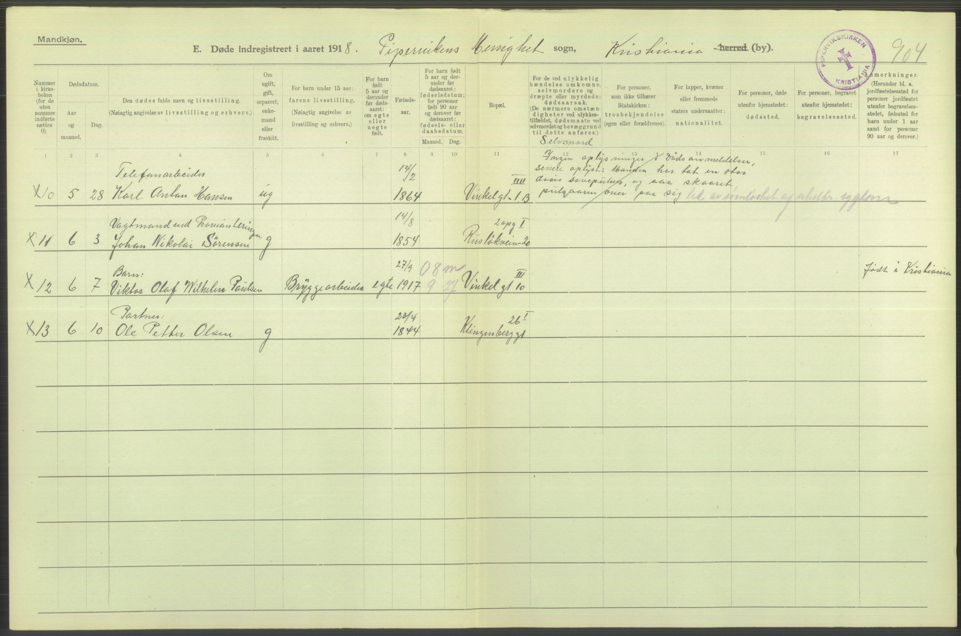 Statistisk sentralbyrå, Sosiodemografiske emner, Befolkning, AV/RA-S-2228/D/Df/Dfb/Dfbh/L0011: Kristiania: Døde, dødfødte, 1918, s. 40