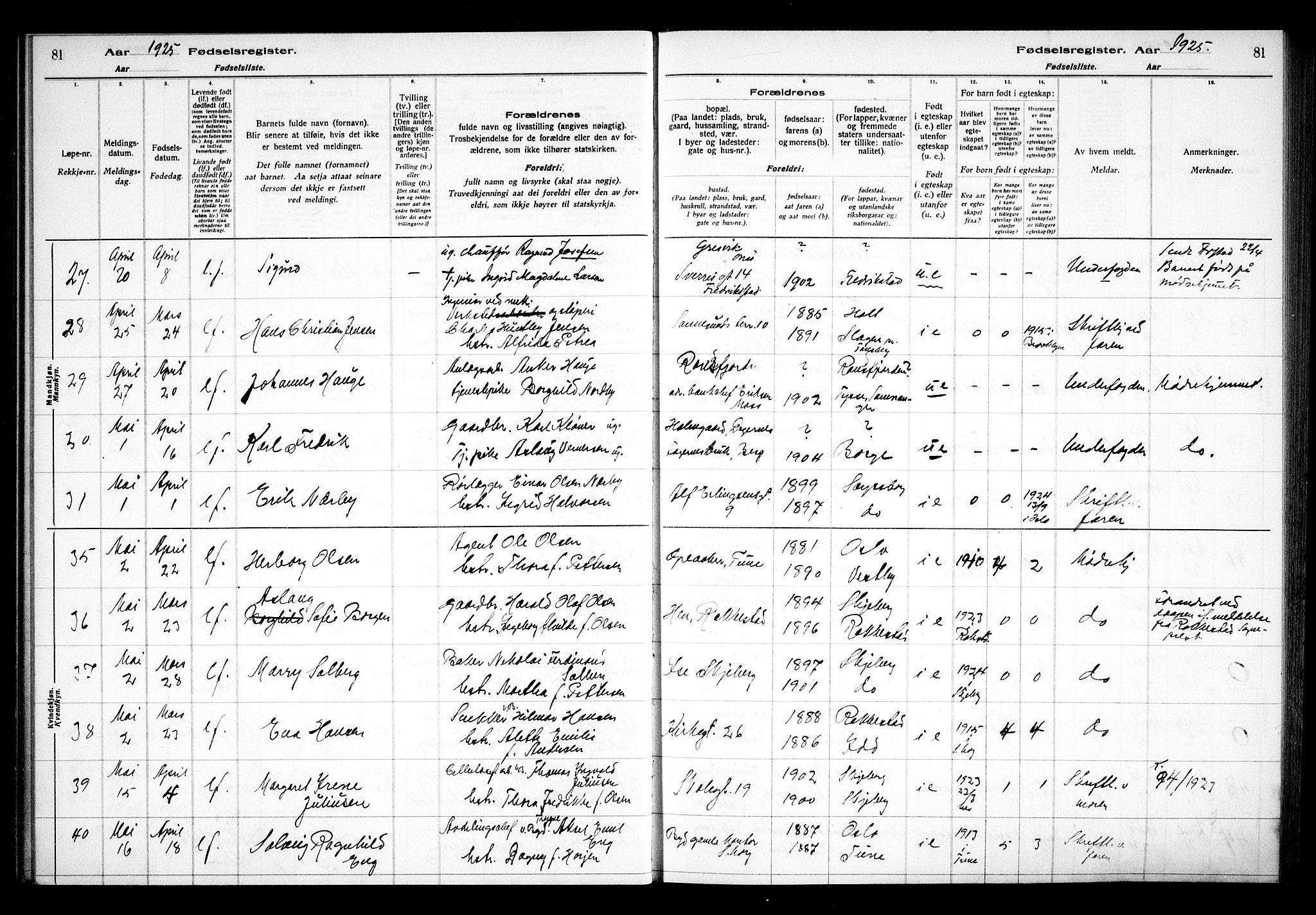 Sarpsborg prestekontor Kirkebøker, AV/SAO-A-2006/J/Ja/L0002: Fødselsregister nr. 2, 1922-1928, s. 81