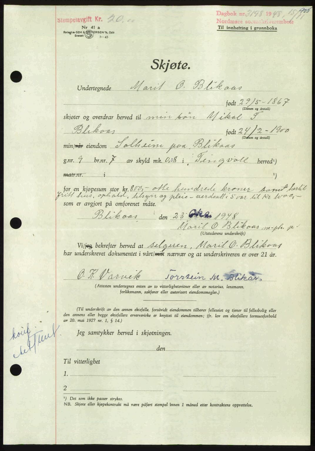 Nordmøre sorenskriveri, AV/SAT-A-4132/1/2/2Ca: Pantebok nr. A109, 1948-1948, Dagboknr: 3198/1948