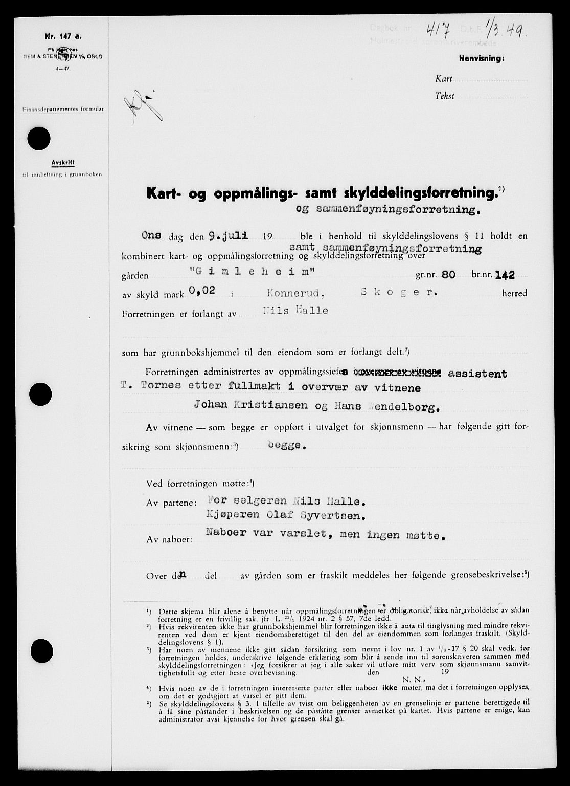 Holmestrand sorenskriveri, SAKO/A-67/G/Ga/Gaa/L0065: Pantebok nr. A-65, 1948-1949, Dagboknr: 417/1949
