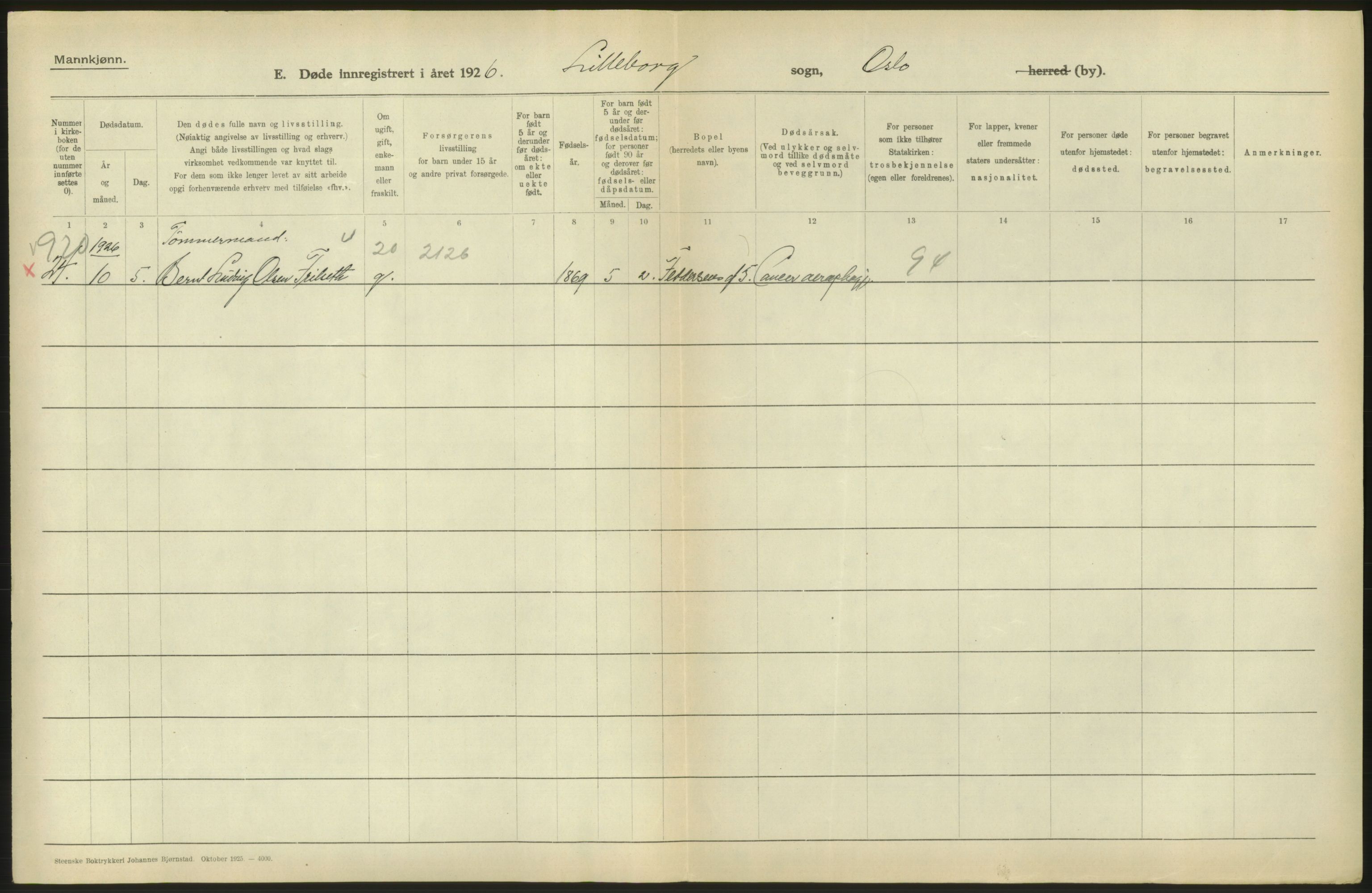 Statistisk sentralbyrå, Sosiodemografiske emner, Befolkning, AV/RA-S-2228/D/Df/Dfc/Dfcf/L0009: Oslo: Døde menn, 1926, s. 584