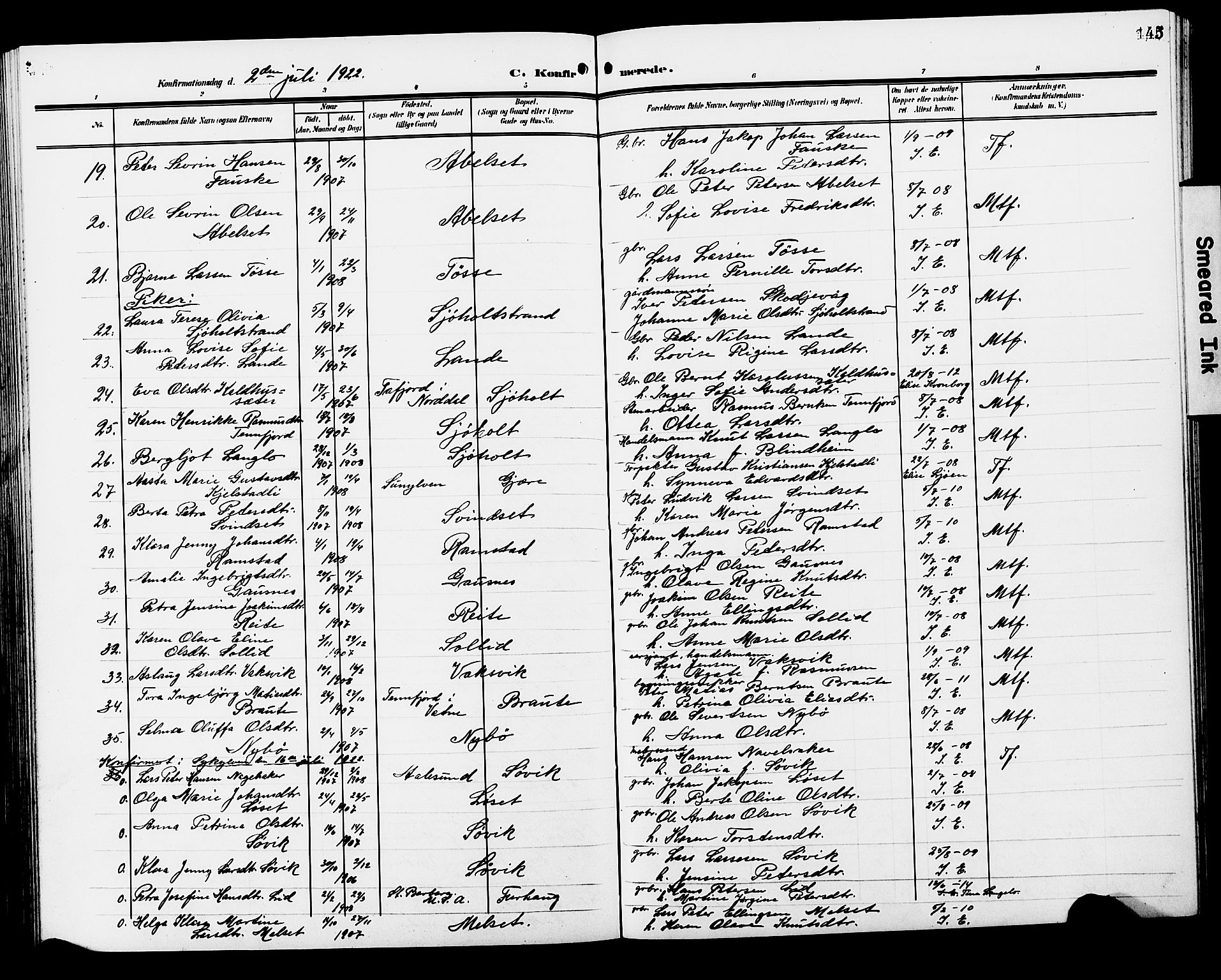 Ministerialprotokoller, klokkerbøker og fødselsregistre - Møre og Romsdal, SAT/A-1454/522/L0328: Klokkerbok nr. 522C07, 1909-1925, s. 145