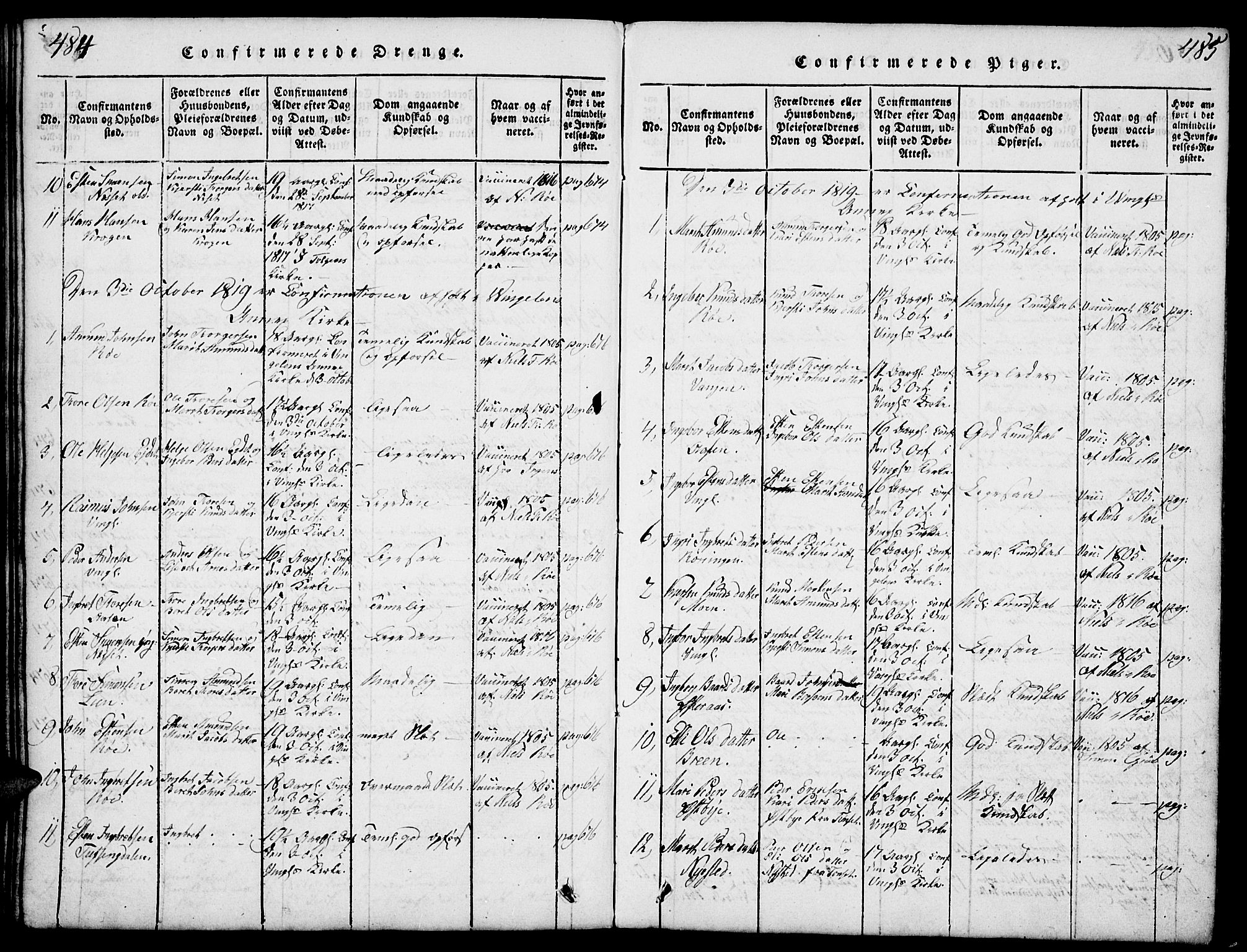 Tolga prestekontor, AV/SAH-PREST-062/L/L0003: Klokkerbok nr. 3, 1815-1862, s. 484-485