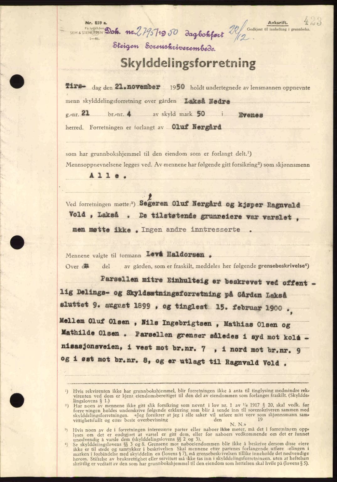 Steigen og Ofoten sorenskriveri, SAT/A-0030/1/2/2C: Pantebok nr. A21, 1950-1950, Dagboknr: 2795/1950