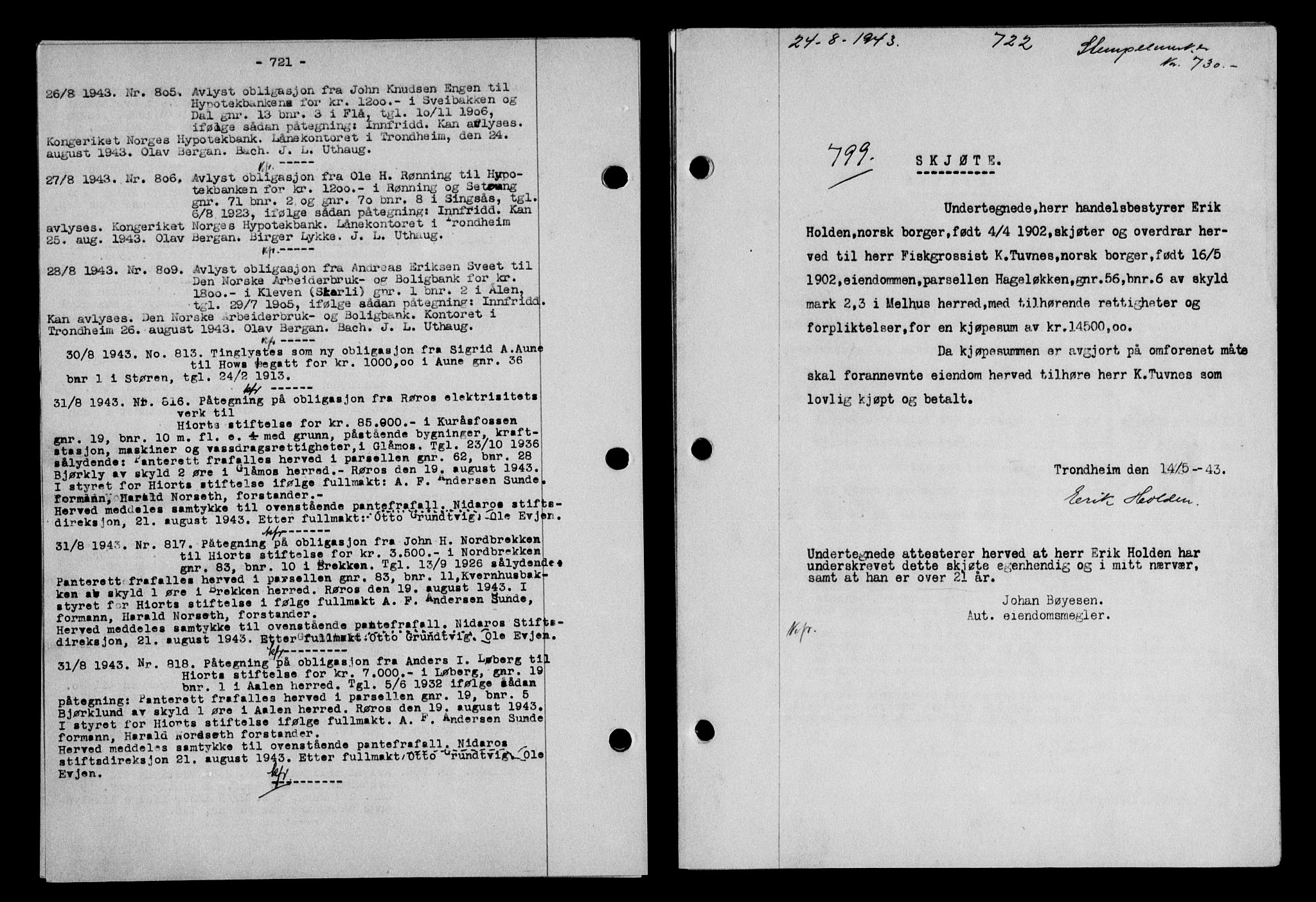 Gauldal sorenskriveri, SAT/A-0014/1/2/2C/L0056: Pantebok nr. 61, 1942-1943, Dagboknr: 799/1943