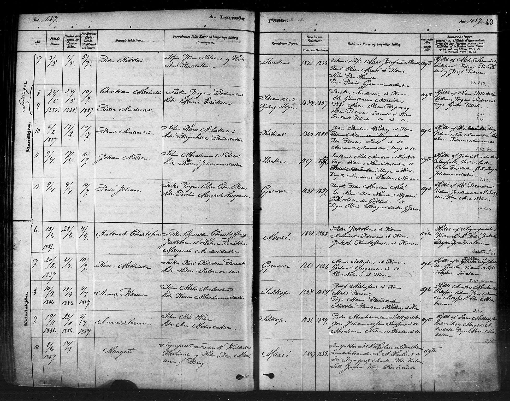 Måsøy sokneprestkontor, AV/SATØ-S-1348/H/Ha/L0004kirke: Ministerialbok nr. 4, 1878-1891, s. 43