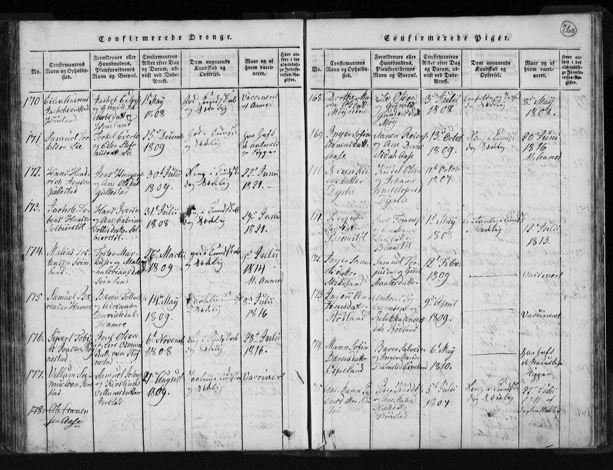 Kvinesdal sokneprestkontor, SAK/1111-0026/F/Fa/Fab/L0003: Ministerialbok nr. A 3, 1815-1829, s. 260