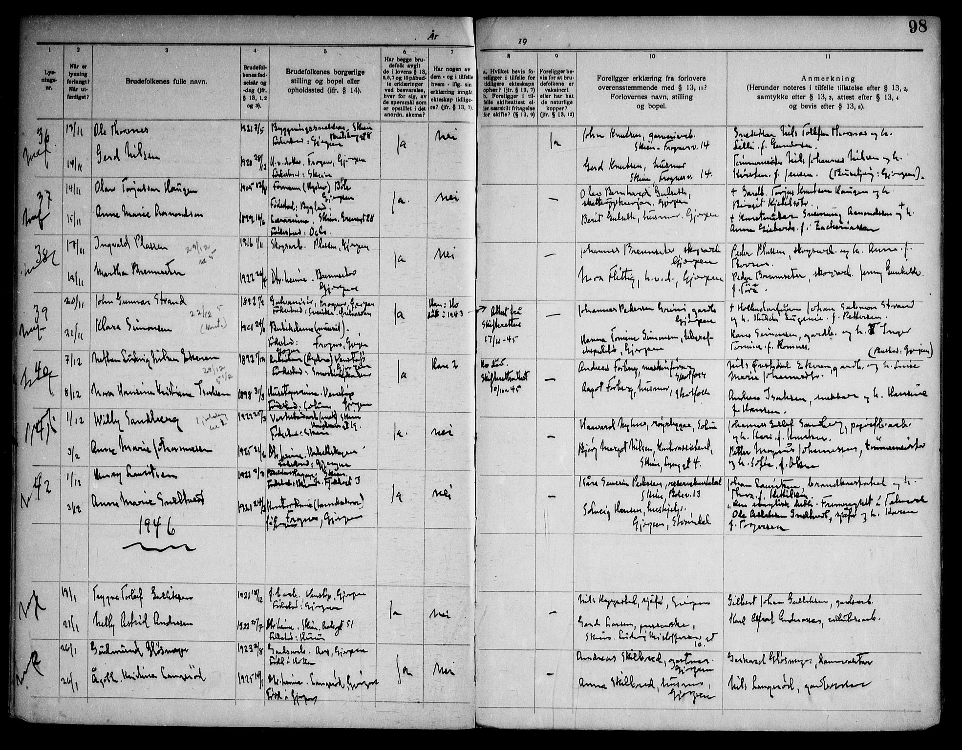 Gjerpen kirkebøker, AV/SAKO-A-265/H/Ha/L0003: Lysningsprotokoll nr. I 3, 1919-1946, s. 98