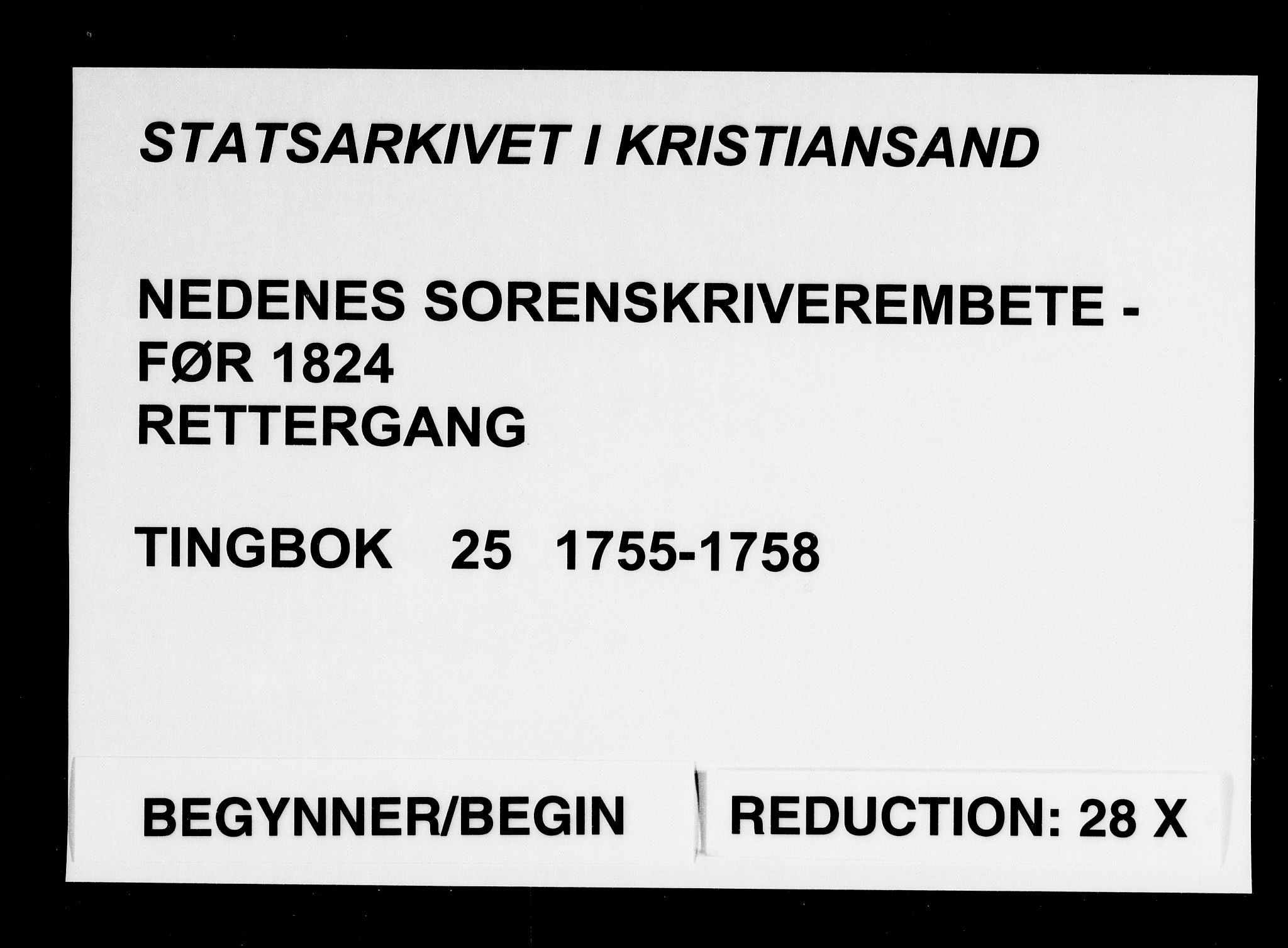 Nedenes sorenskriveri før 1824, AV/SAK-1221-0007/F/Fa/L0030: Tingbok med register nr 25, 1755-1758