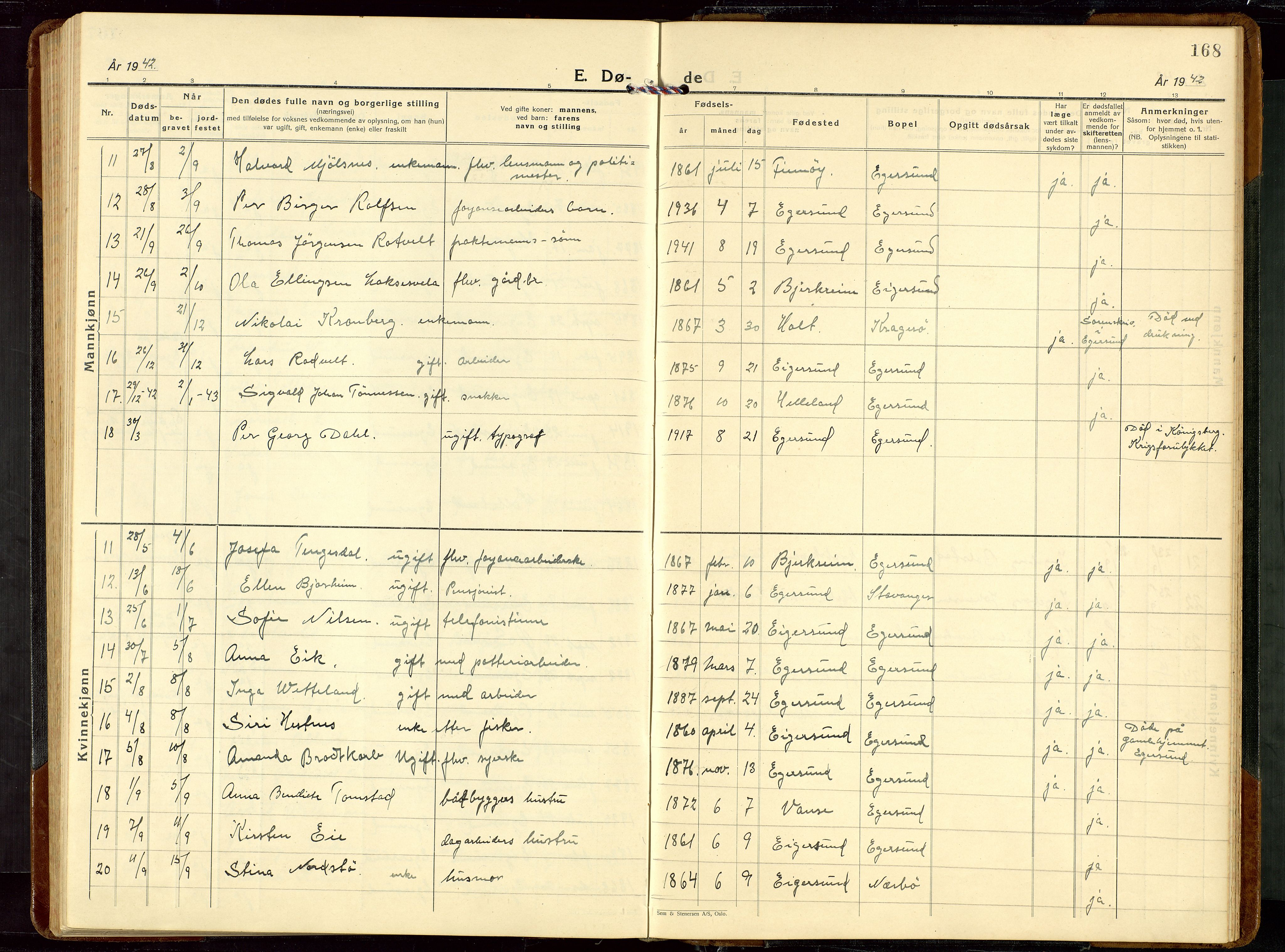 Eigersund sokneprestkontor, AV/SAST-A-101807/S09/L0014: Klokkerbok nr. B 14, 1931-1949, s. 168