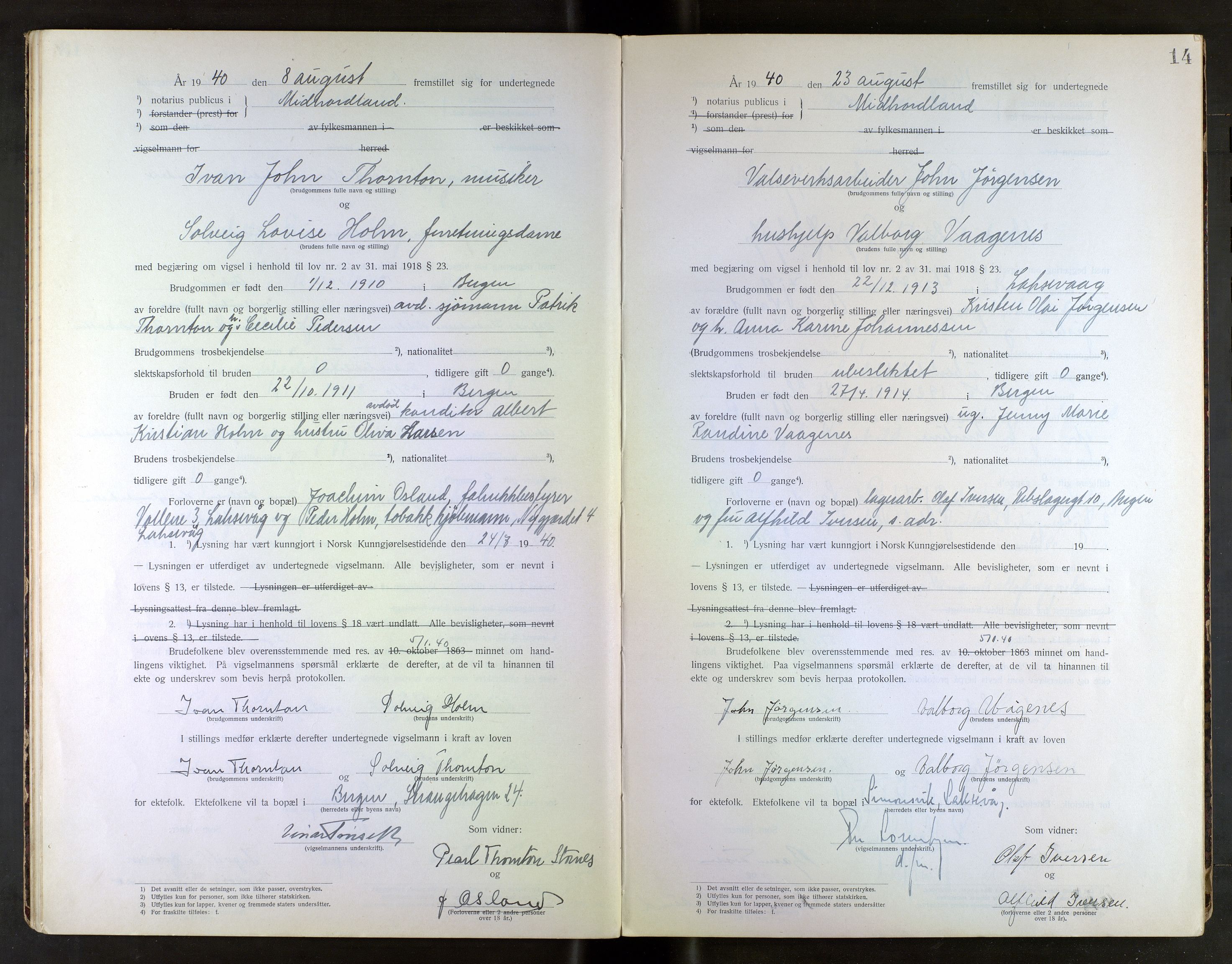 Midhordland sorenskriveri, AV/SAB-A-3001/1/M/Mc/Mca/L0002: Notarialbilag. Vigselbøker, 1939-1942, s. 14