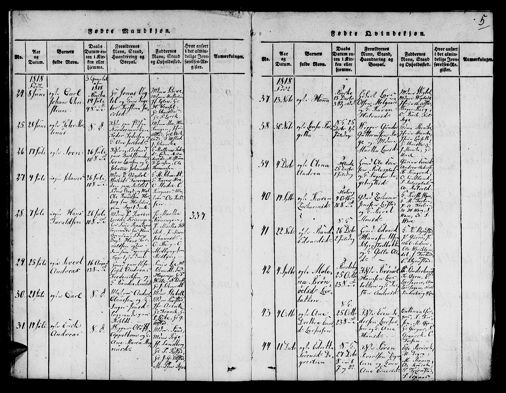 Ministerialprotokoller, klokkerbøker og fødselsregistre - Sør-Trøndelag, SAT/A-1456/606/L0283: Ministerialbok nr. 606A03 /1, 1818-1823, s. 5