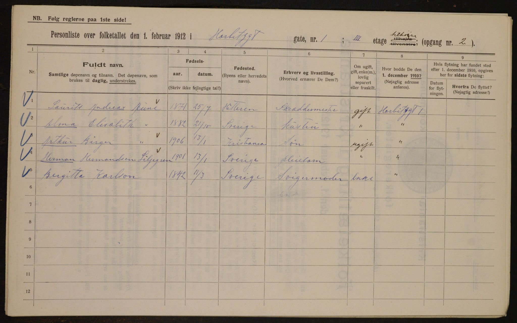 OBA, Kommunal folketelling 1.2.1912 for Kristiania, 1912, s. 35036