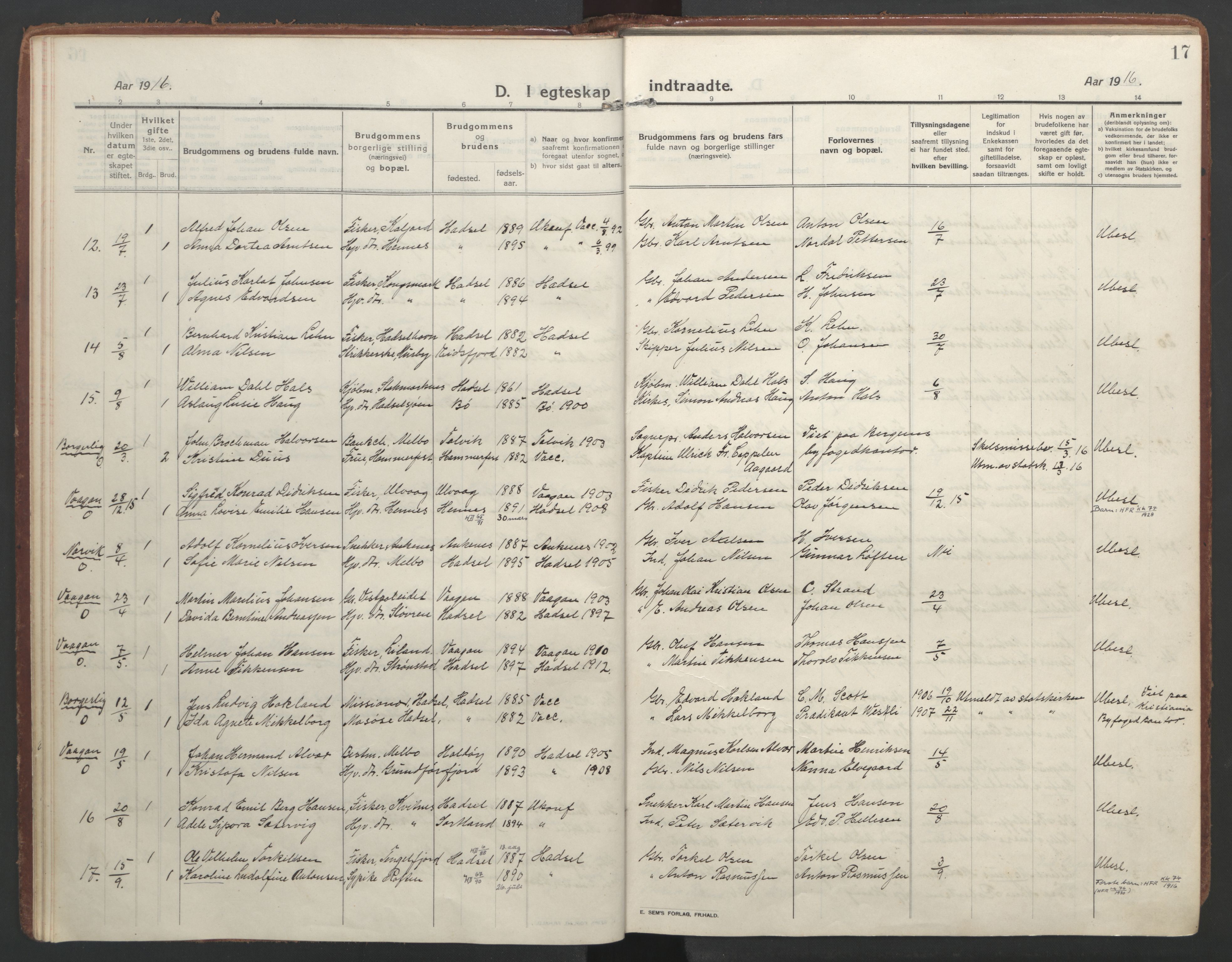 Ministerialprotokoller, klokkerbøker og fødselsregistre - Nordland, AV/SAT-A-1459/888/L1251: Ministerialbok nr. 888A17, 1913-1925, s. 17