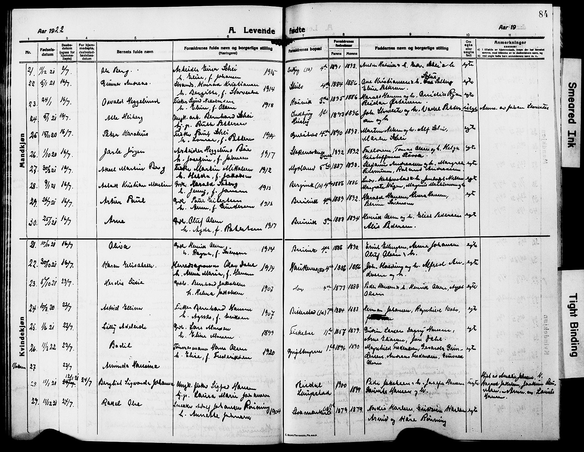 Ministerialprotokoller, klokkerbøker og fødselsregistre - Nordland, AV/SAT-A-1459/888/L1269: Klokkerbok nr. 888C07, 1913-1927, s. 84
