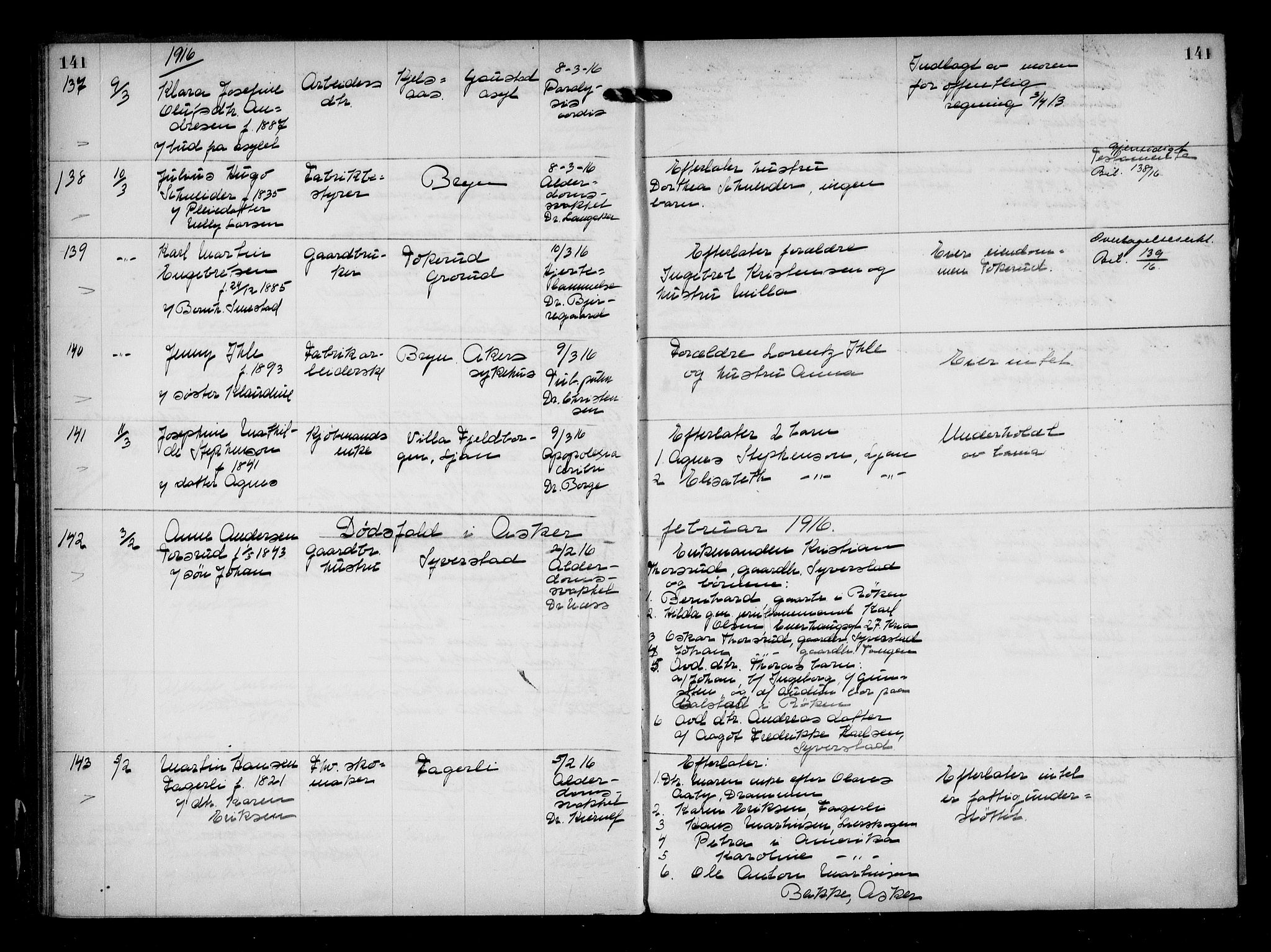 Aker kriminaldommer, skifte- og auksjonsforvalterembete, AV/SAO-A-10452/H/Hb/Hba/Hbaa/L0004: Dødsfallsprotokoll, 1914-1918, s. 141