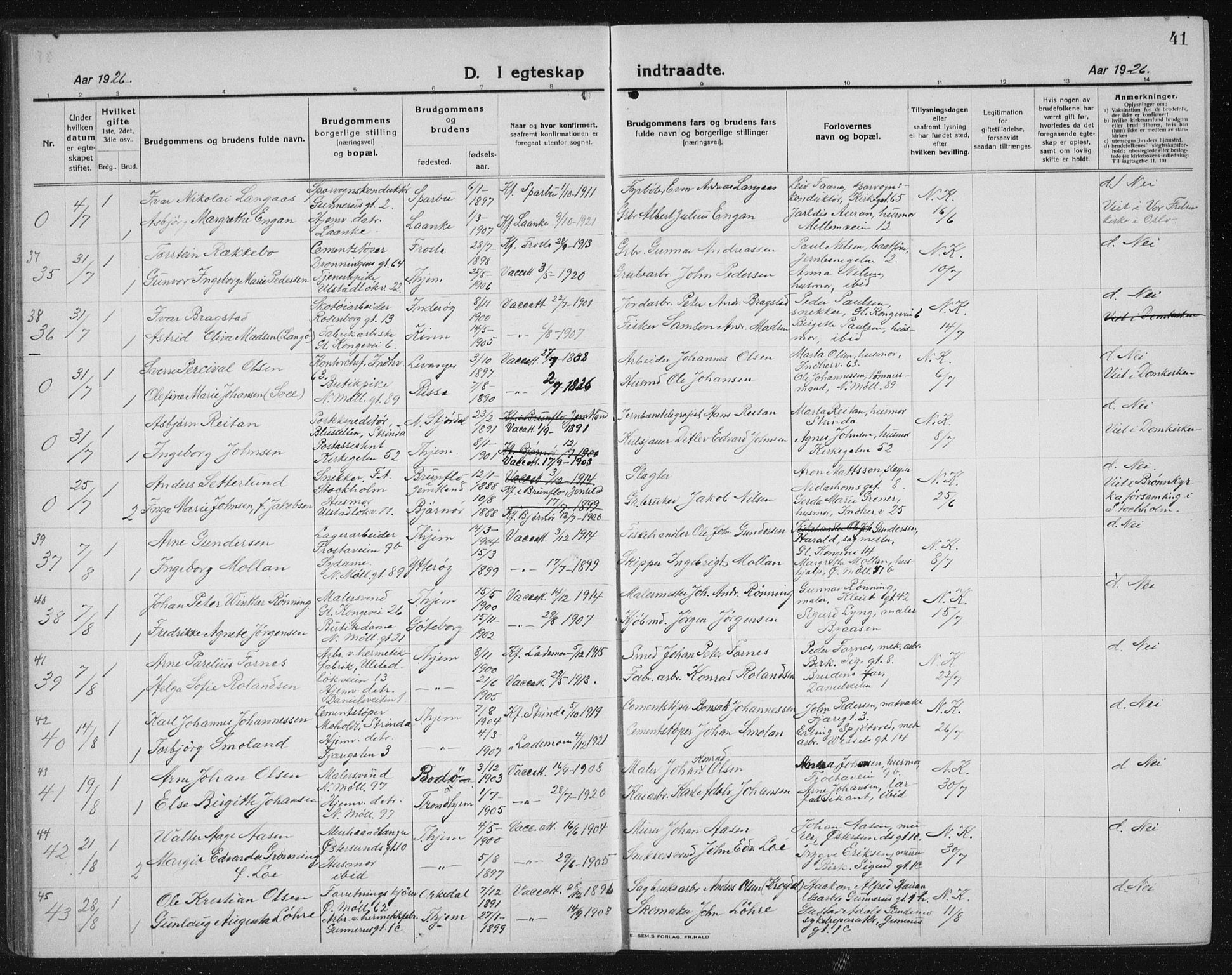 Ministerialprotokoller, klokkerbøker og fødselsregistre - Sør-Trøndelag, AV/SAT-A-1456/605/L0260: Klokkerbok nr. 605C07, 1922-1942, s. 41