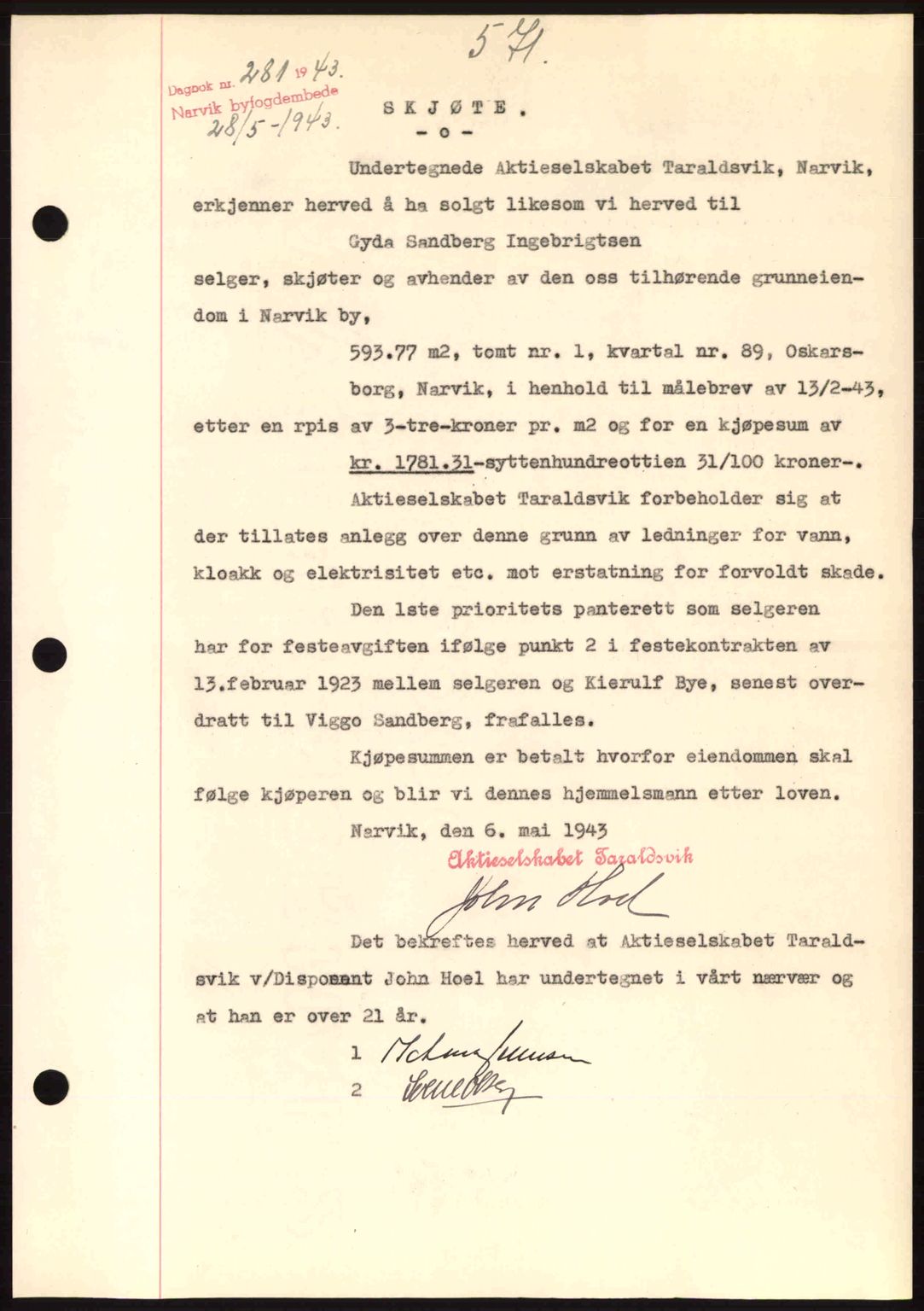 Narvik sorenskriveri, SAT/A-0002/1/2/2C/2Ca: Pantebok nr. A19, 1942-1943, Dagboknr: 281/1943