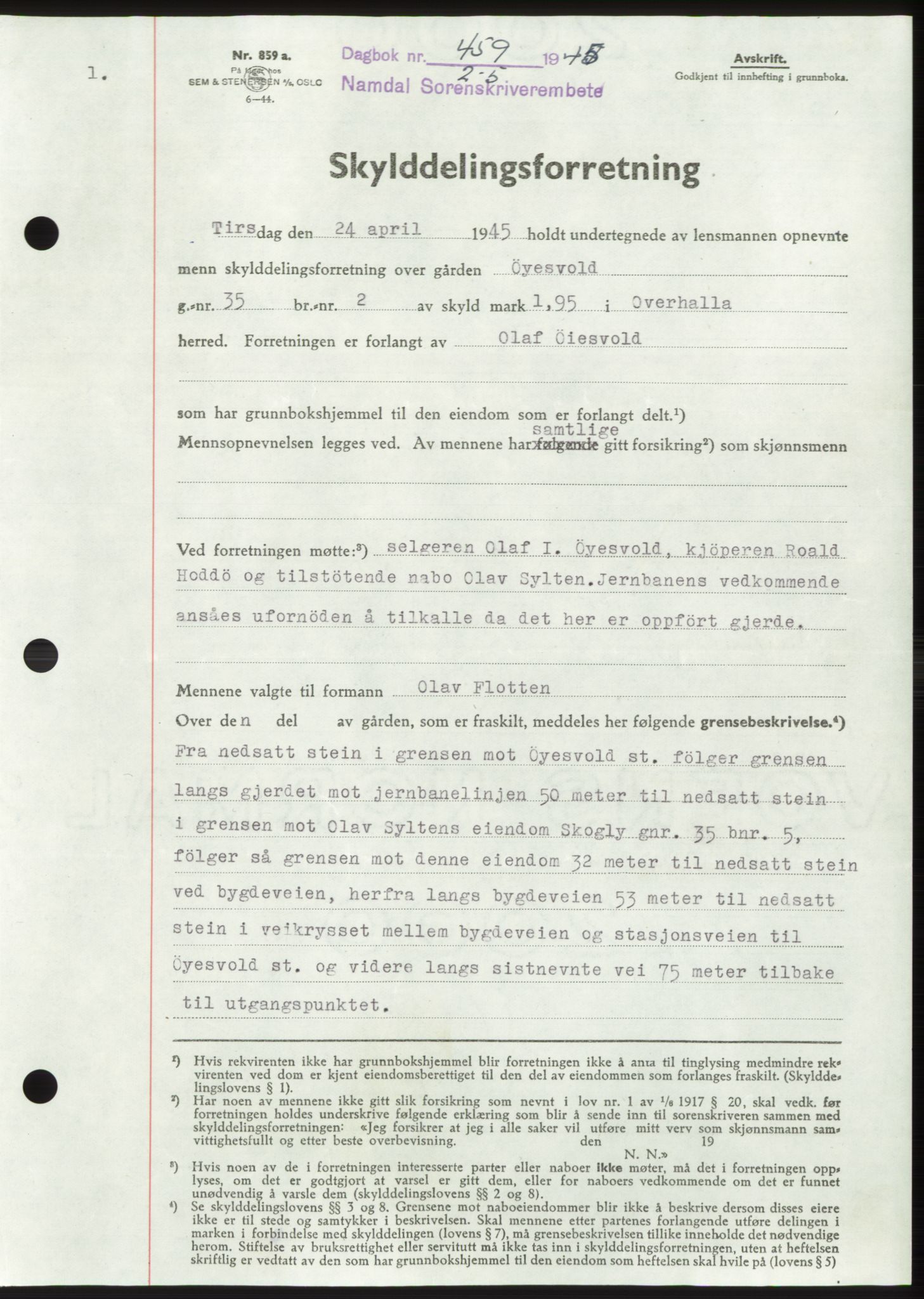 Namdal sorenskriveri, SAT/A-4133/1/2/2C: Pantebok nr. -, 1944-1945, Dagboknr: 459/1945