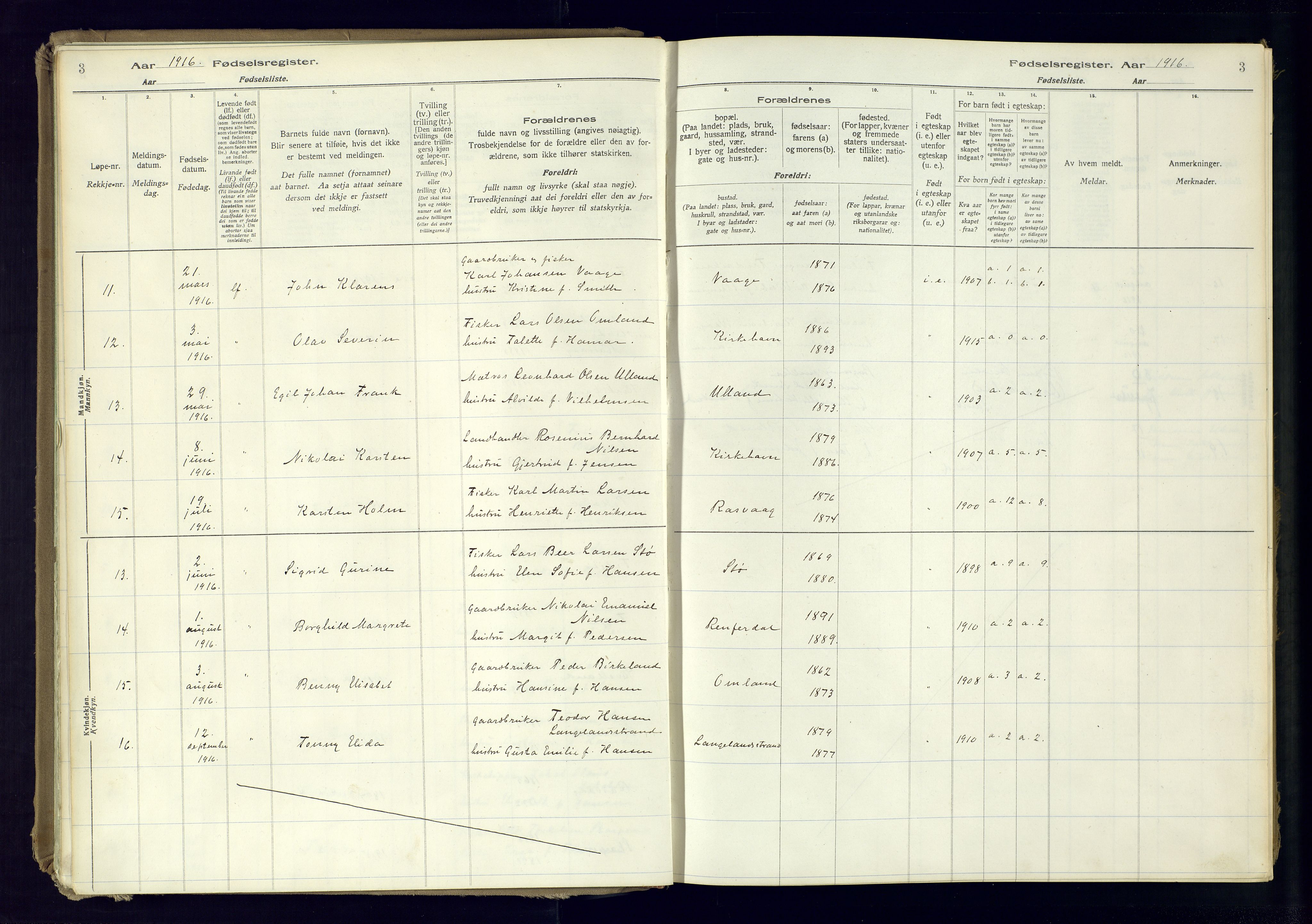 Flekkefjord sokneprestkontor, AV/SAK-1111-0012/J/Ja/L0007: Fødselsregister nr. 7, 1916-1982, s. 3