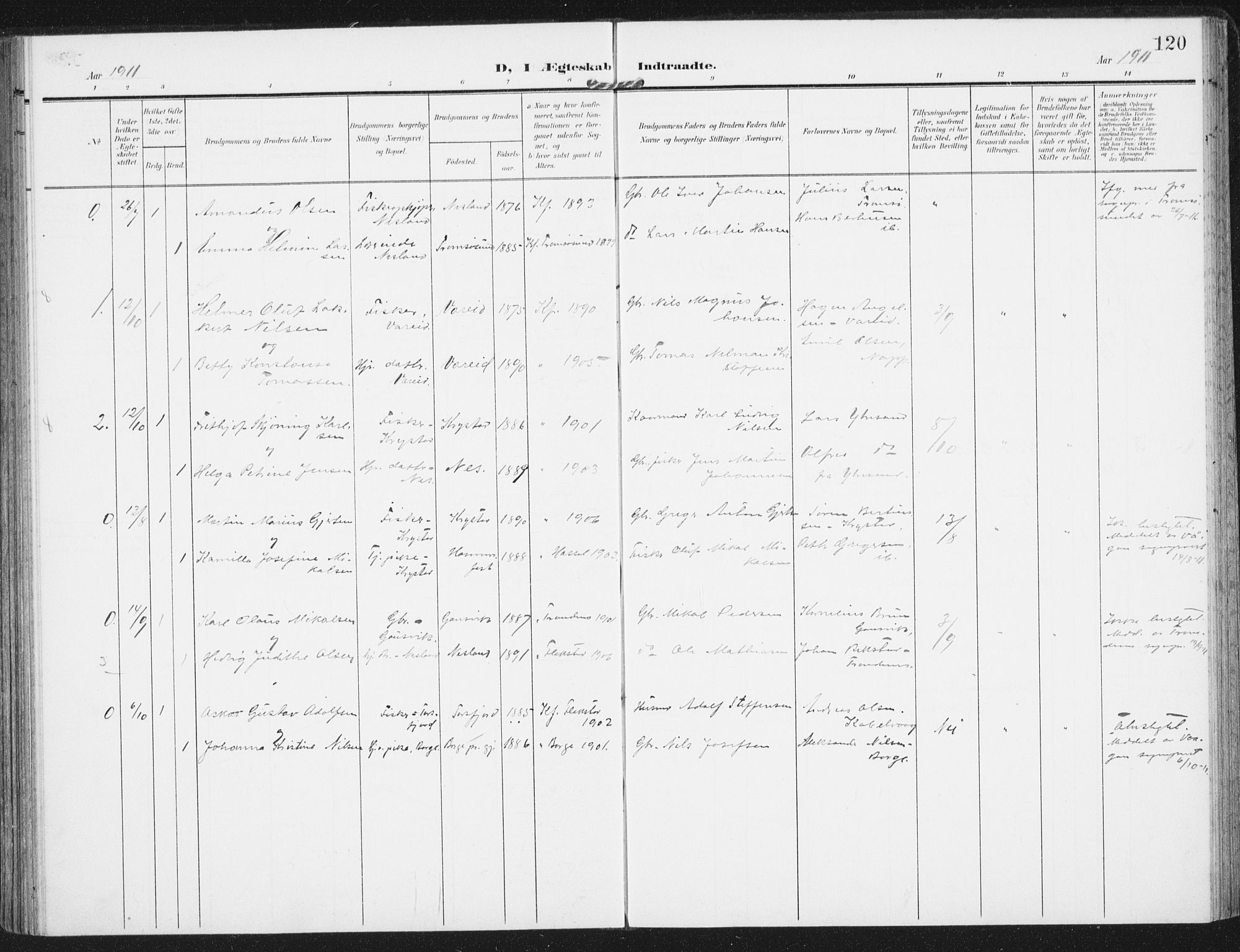 Ministerialprotokoller, klokkerbøker og fødselsregistre - Nordland, SAT/A-1459/885/L1206: Ministerialbok nr. 885A07, 1905-1915, s. 120