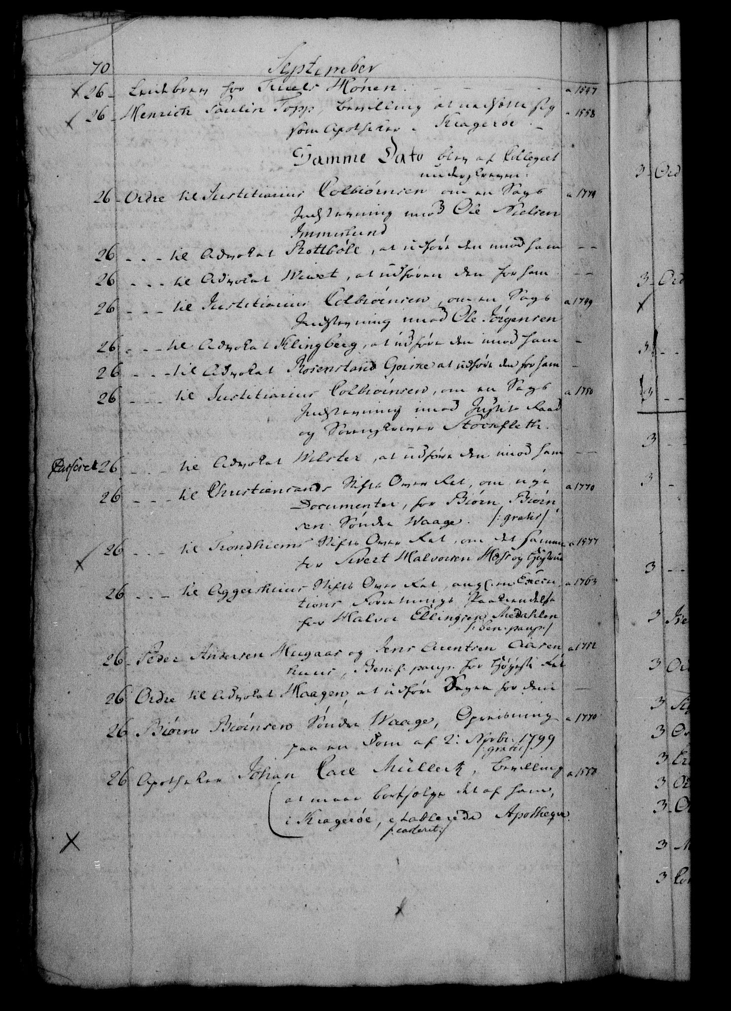 Danske Kanselli 1800-1814, RA/EA-3024/H/Hf/Hfb/Hfbc/L0001: Underskrivelsesbok m. register, 1800, s. 70