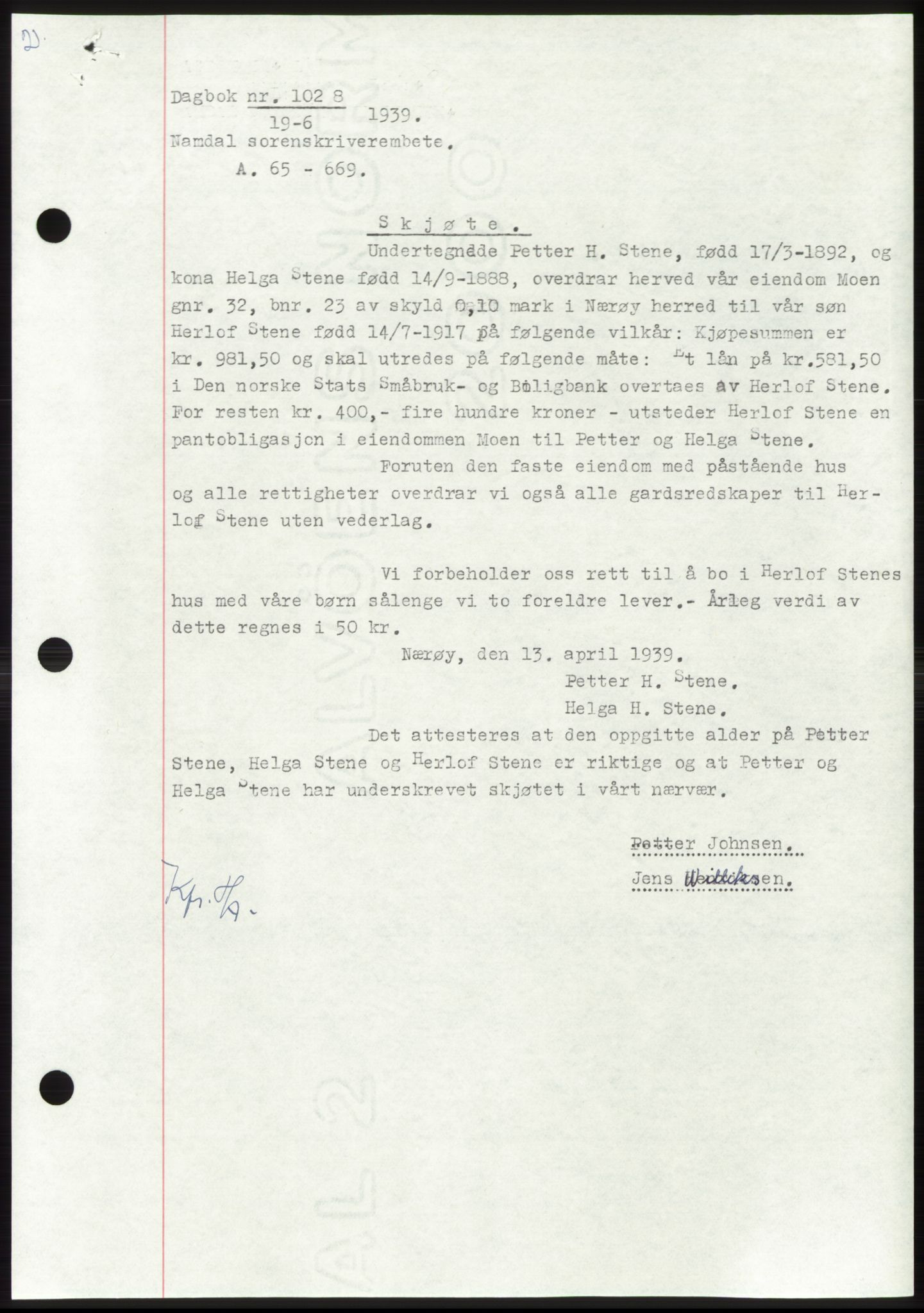 Namdal sorenskriveri, SAT/A-4133/1/2/2C: Pantebok nr. -, 1937-1939, Tingl.dato: 19.06.1939
