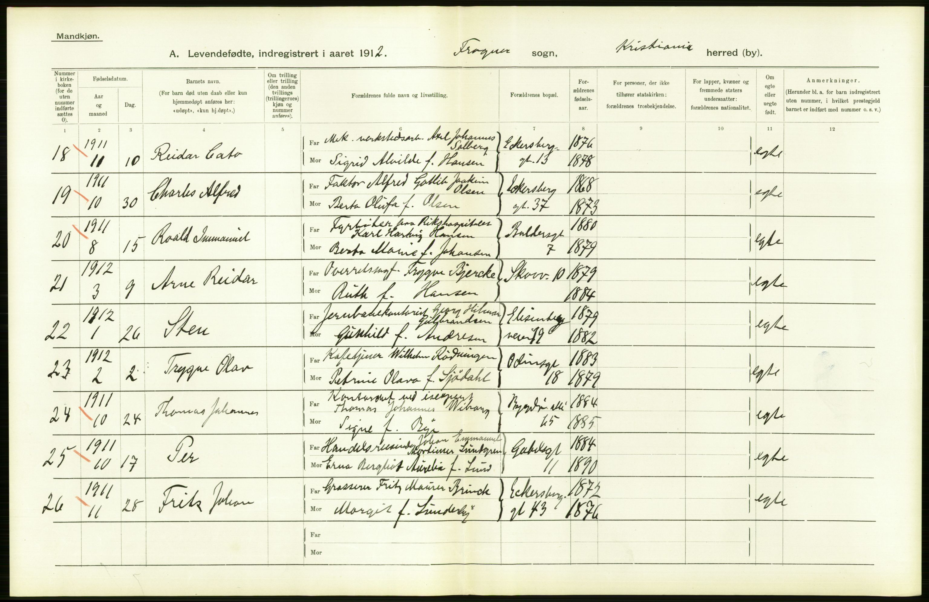 Statistisk sentralbyrå, Sosiodemografiske emner, Befolkning, RA/S-2228/D/Df/Dfb/Dfbb/L0007: Kristiania:  Levendefødte menn og kvinner., 1912, s. 454