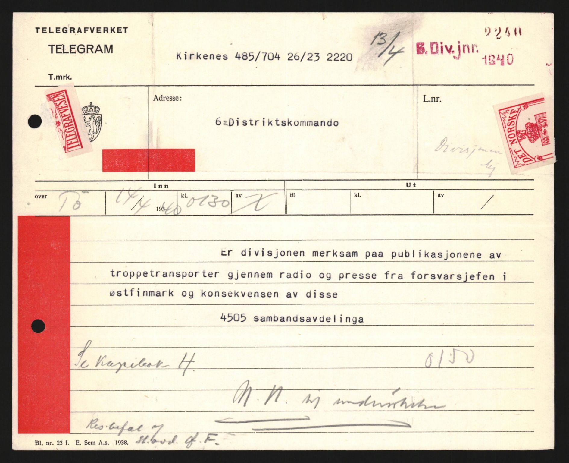 Forsvaret, Forsvarets krigshistoriske avdeling, AV/RA-RAFA-2017/Y/Yb/L0123: II-C-11-600  -  6. Divisjon med avdelinger, 1940, s. 239