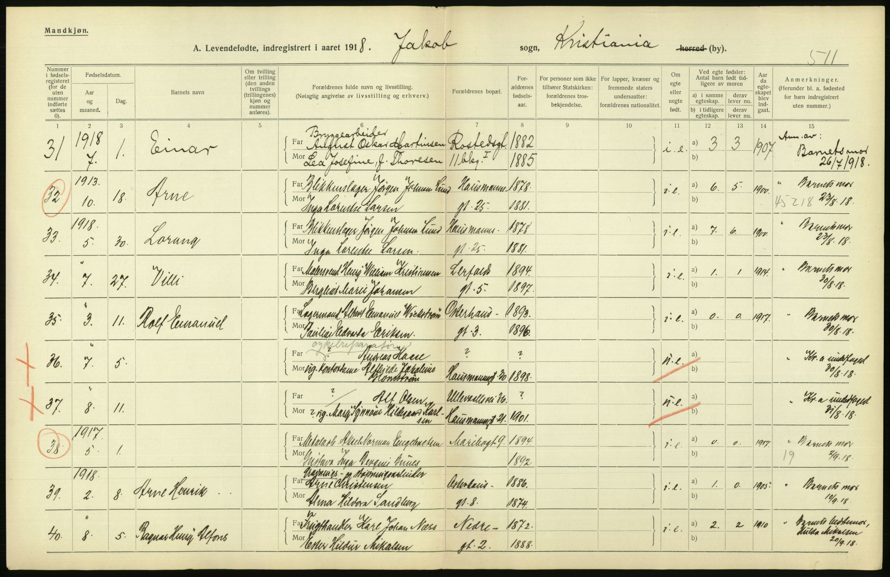 Statistisk sentralbyrå, Sosiodemografiske emner, Befolkning, AV/RA-S-2228/D/Df/Dfb/Dfbh/L0008: Kristiania: Levendefødte menn og kvinner., 1918, s. 708