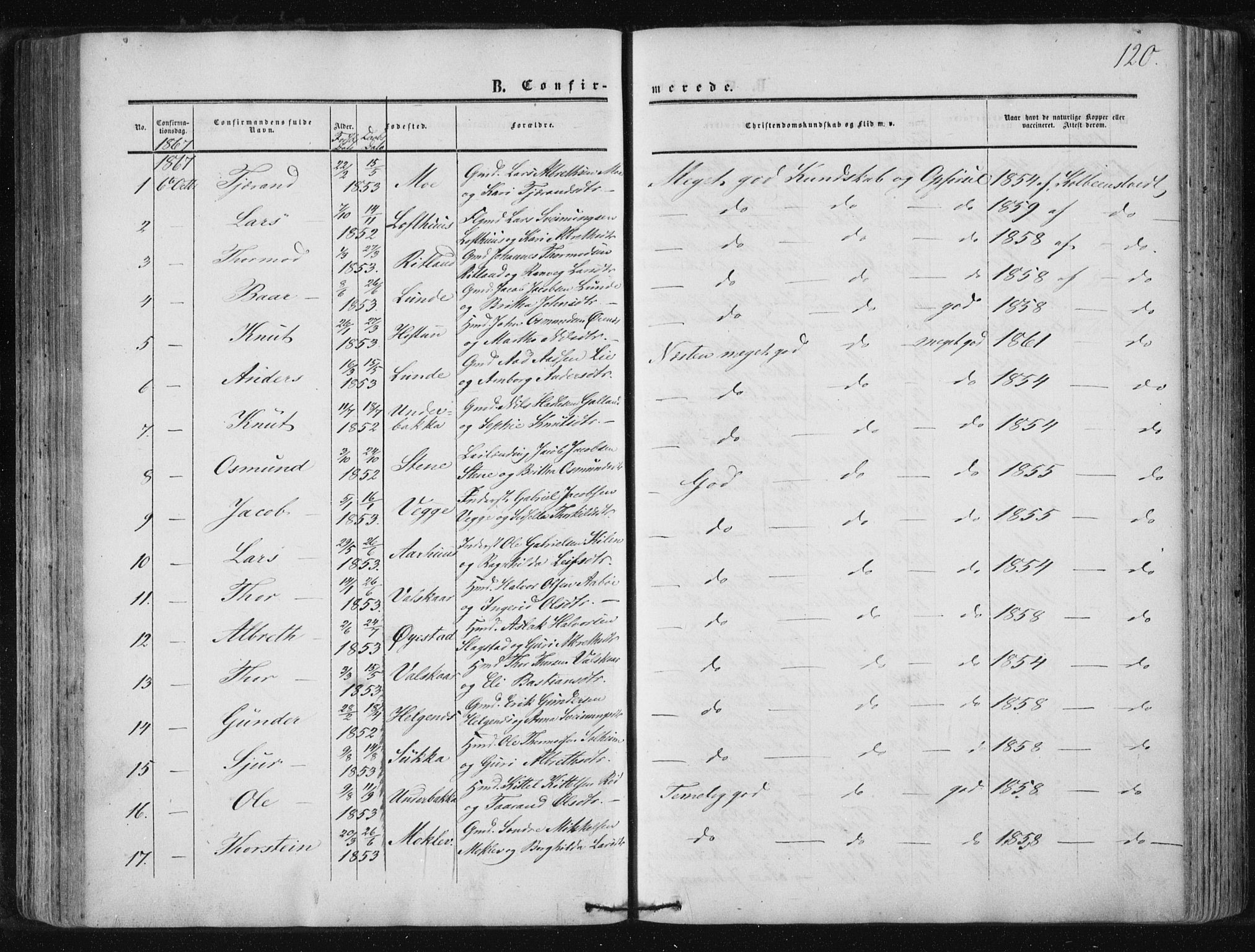 Suldal sokneprestkontor, AV/SAST-A-101845/01/IV/L0009: Ministerialbok nr. A 9, 1854-1868, s. 120