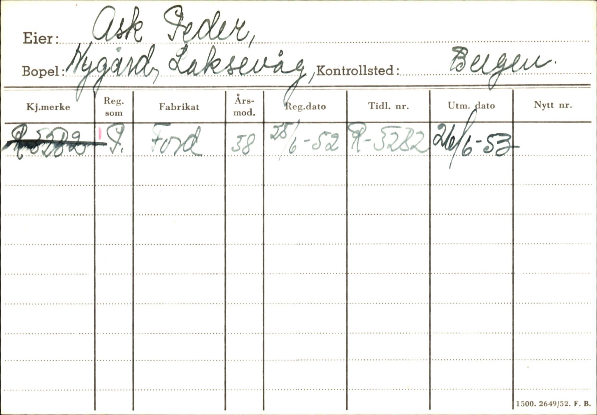 Statens vegvesen, Hordaland vegkontor, AV/SAB-A-5201/2/Ha/L0002: R-eierkort A, 1920-1971, s. 999