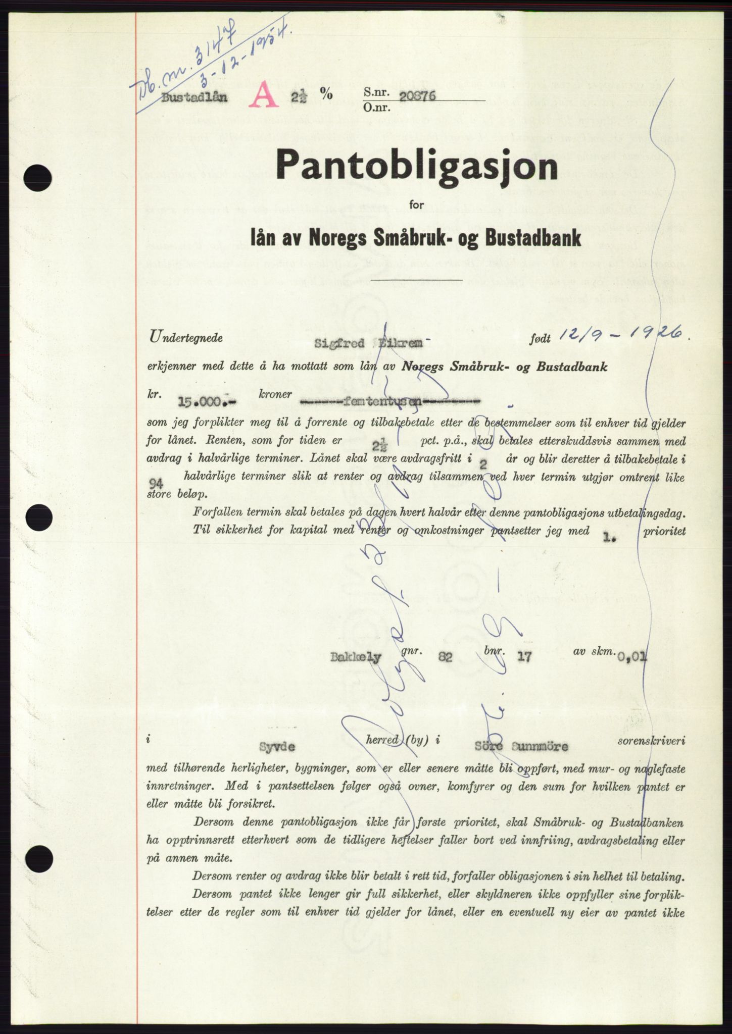 Søre Sunnmøre sorenskriveri, AV/SAT-A-4122/1/2/2C/L0126: Pantebok nr. 14B, 1954-1955, Dagboknr: 3147/1954