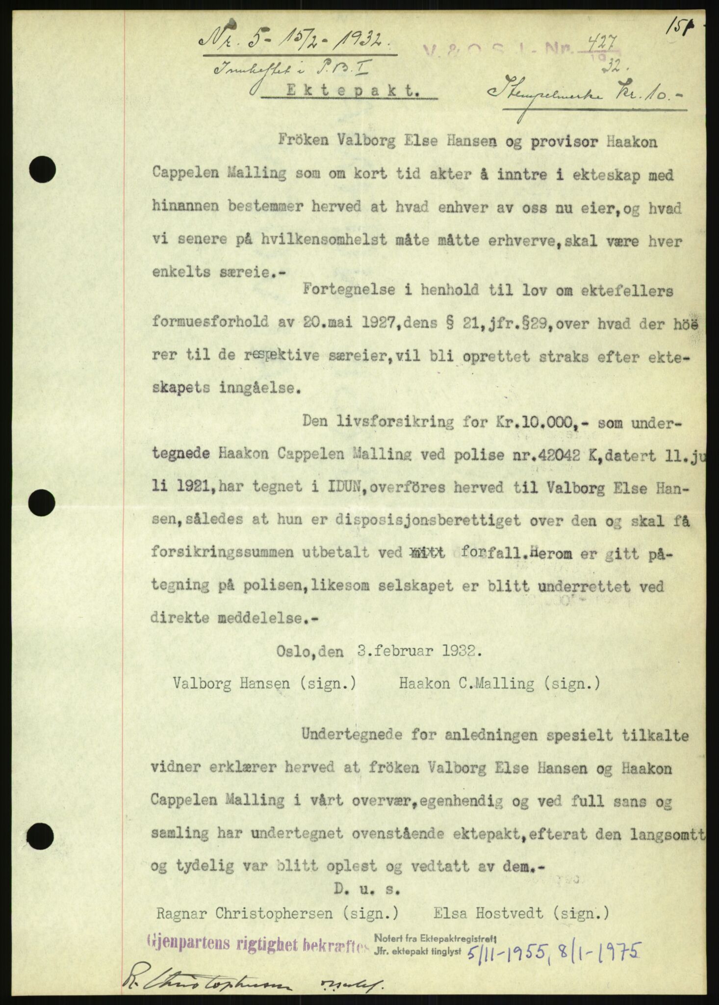 Oslo byskriverembete, AV/SAO-A-10227/2/G/Gb/L0033: Tinglyste ektepakter, Hedmark, bind 2-3, 1932-1939