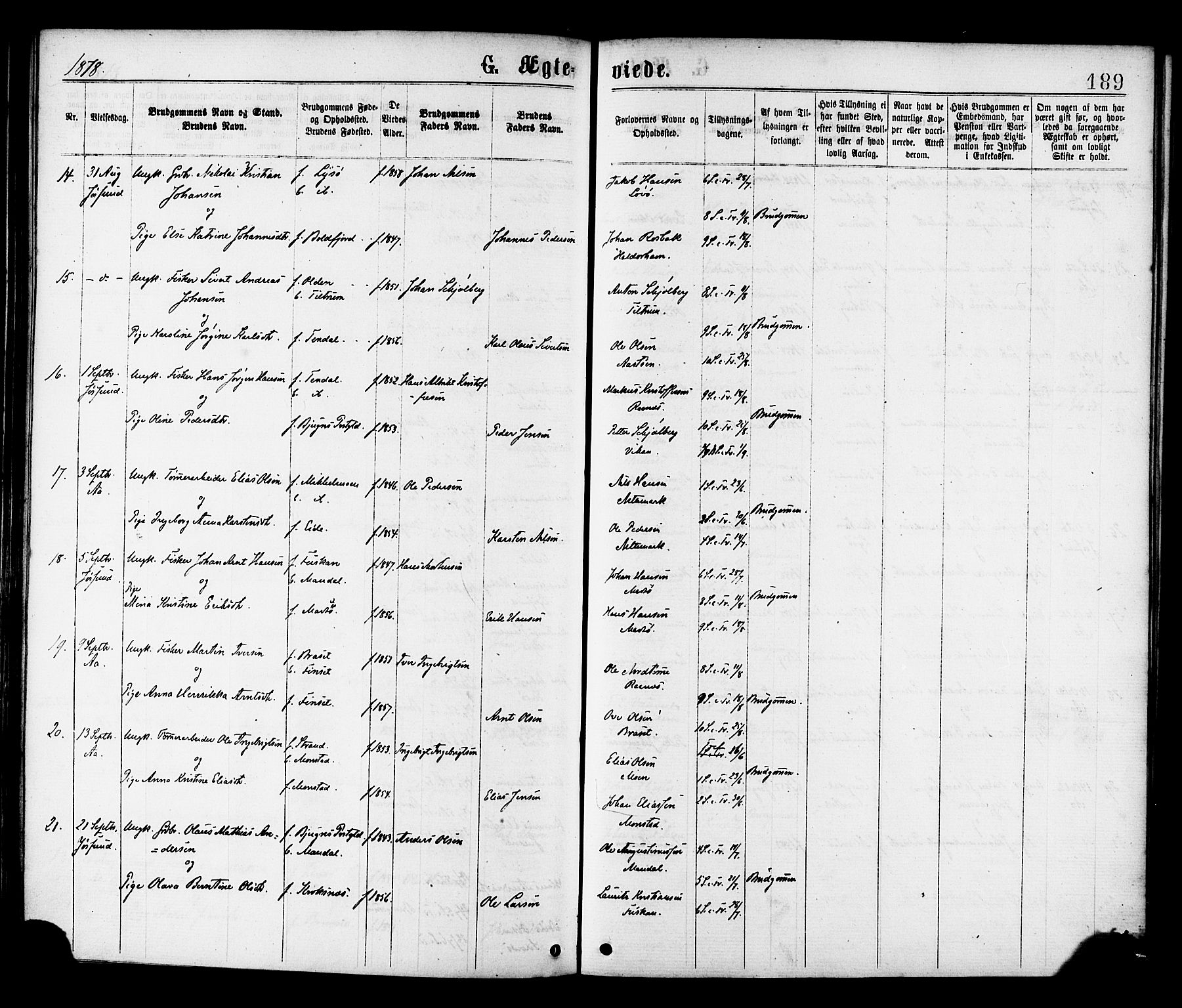 Ministerialprotokoller, klokkerbøker og fødselsregistre - Sør-Trøndelag, AV/SAT-A-1456/655/L0679: Ministerialbok nr. 655A08, 1873-1879, s. 189