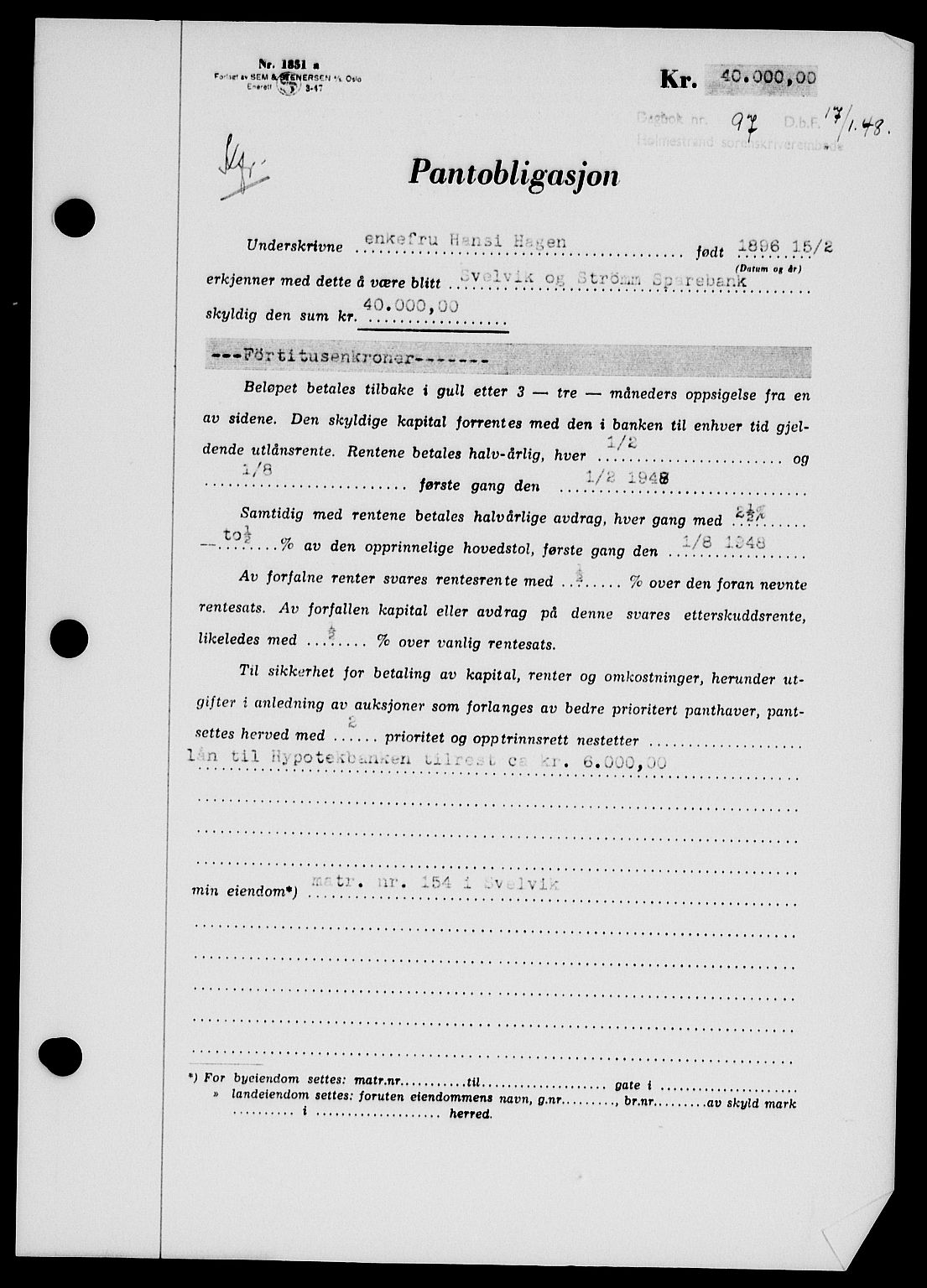 Holmestrand sorenskriveri, SAKO/A-67/G/Ga/Gab/L0058: Pantebok nr. B-58, 1947-1948, Dagboknr: 97/1948