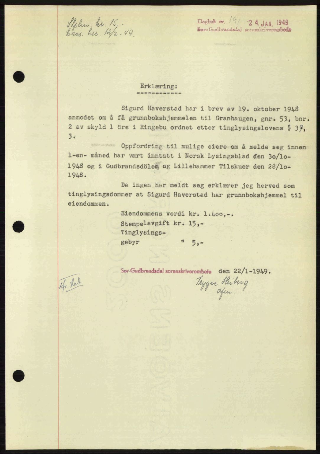Sør-Gudbrandsdal tingrett, SAH/TING-004/H/Hb/Hbd/L0024: Pantebok nr. A24, 1948-1949, Dagboknr: 191/1949