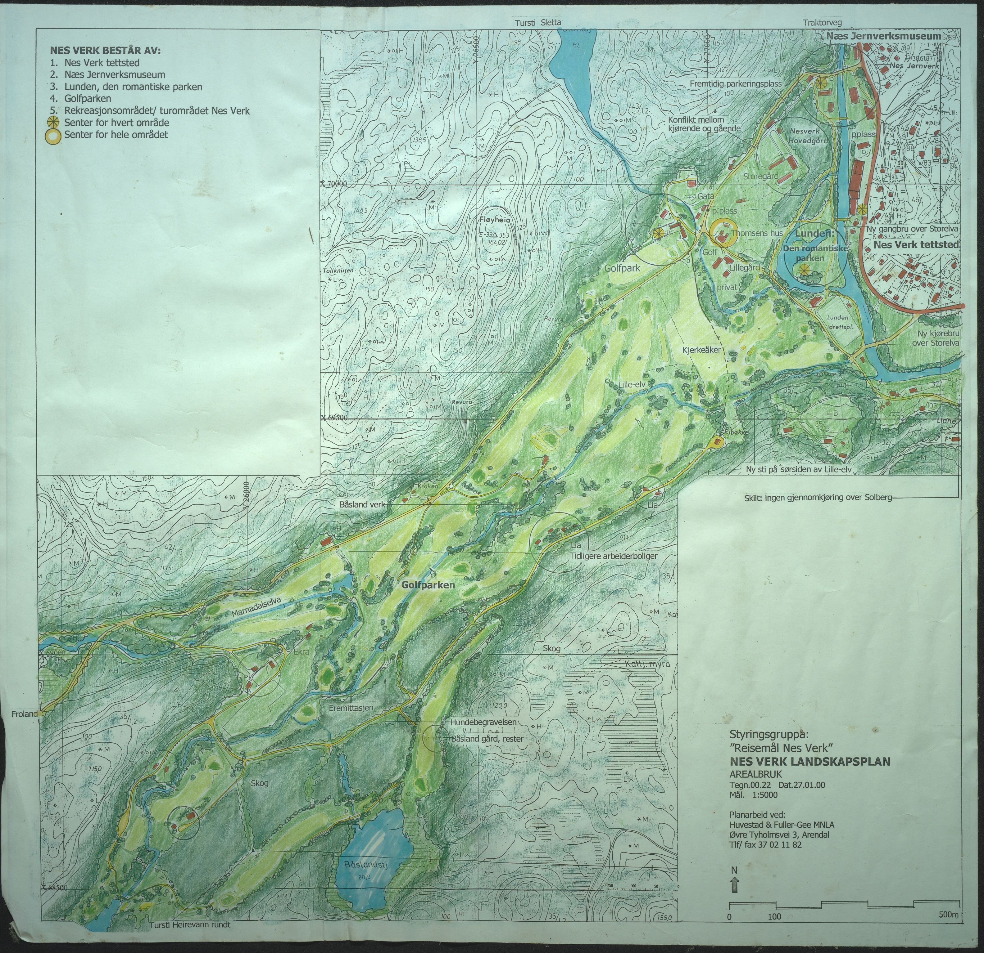 Jacob Aall & Søn AS, NESJ/NJM-007/10/L0008: Nes Verk Landskapsplan, Arealbruk, Huvestad + Fuller-Gee, 2000, 2000