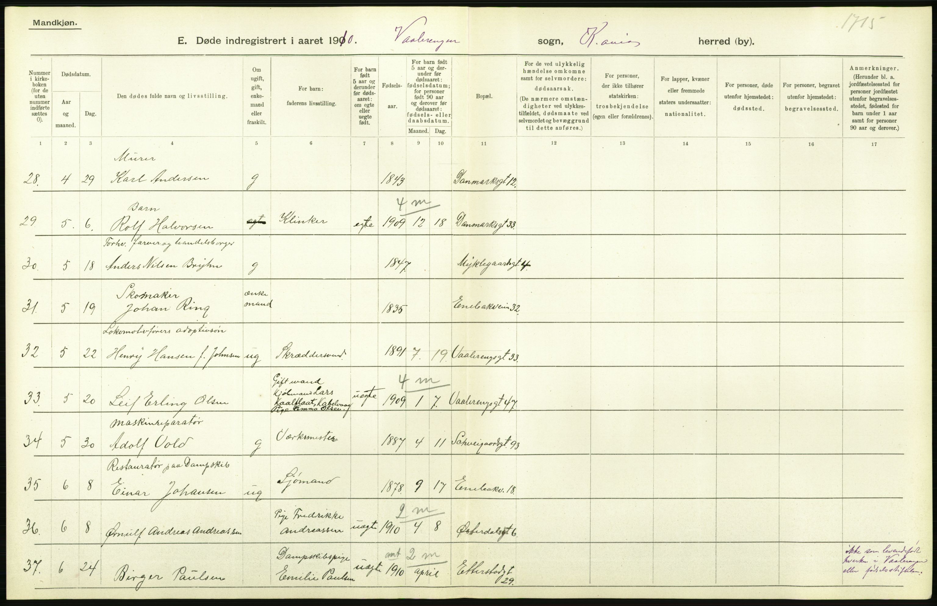 Statistisk sentralbyrå, Sosiodemografiske emner, Befolkning, RA/S-2228/D/Df/Dfa/Dfah/L0008: Kristiania: Døde, 1910, s. 600