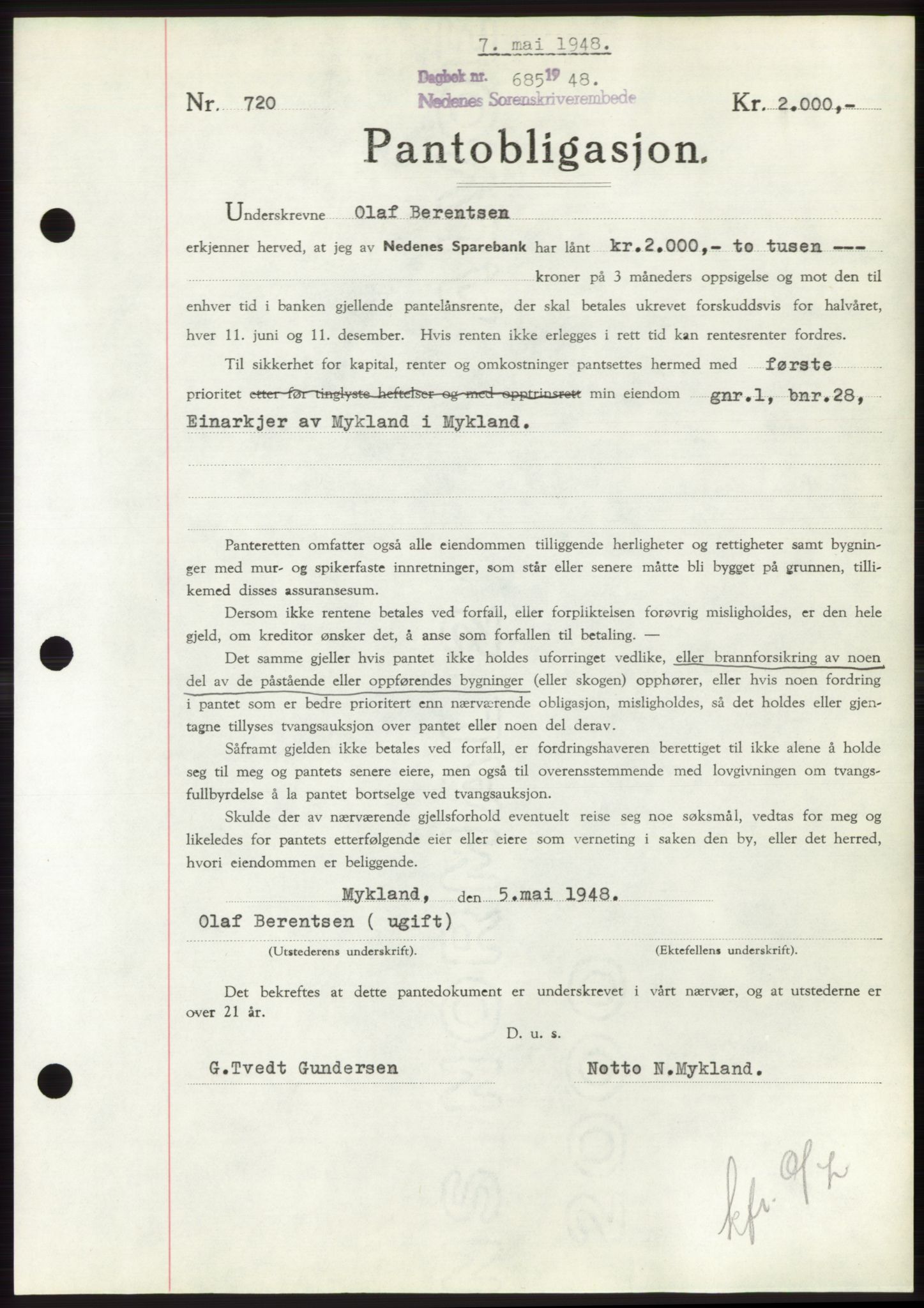 Nedenes sorenskriveri, AV/SAK-1221-0006/G/Gb/Gbb/L0005: Pantebok nr. B5, 1948-1948, Dagboknr: 685/1948