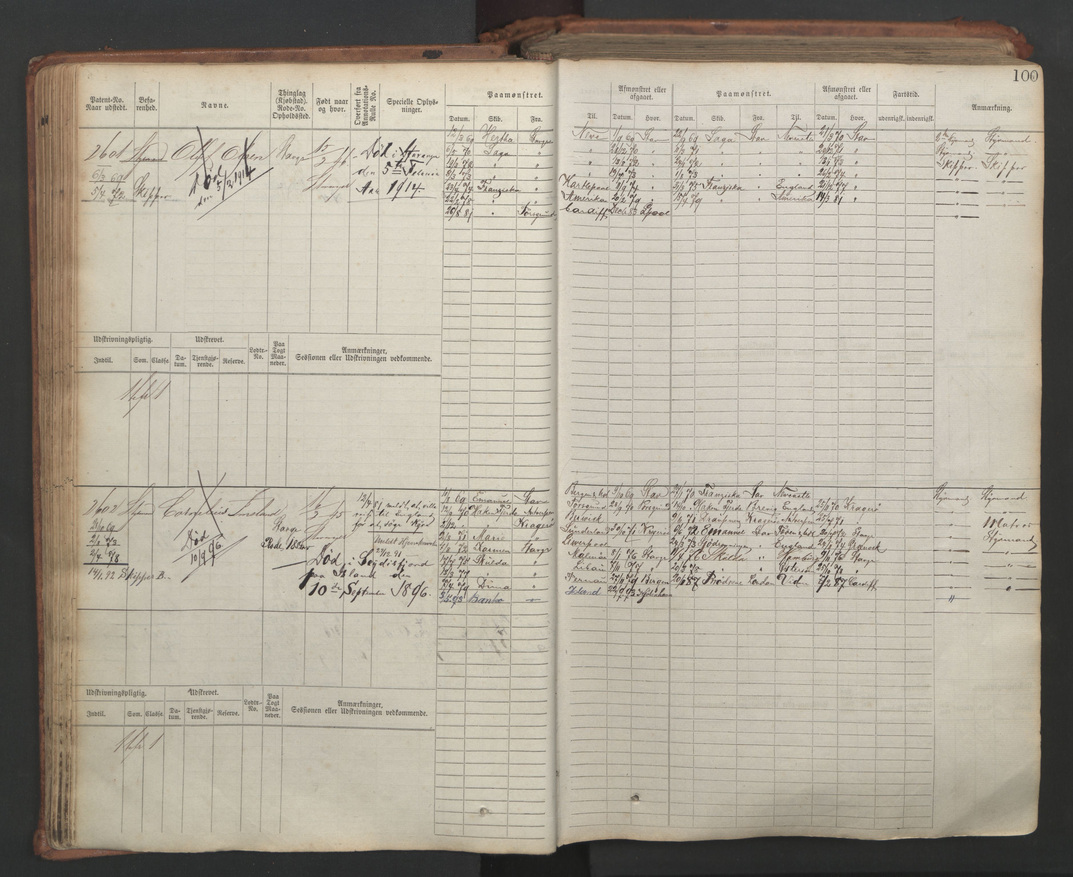 Stavanger sjømannskontor, SAST/A-102006/F/Fb/Fbb/L0007: Sjøfartshovedrulle, patentnr. 2403-3604, 1869-1880, s. 105