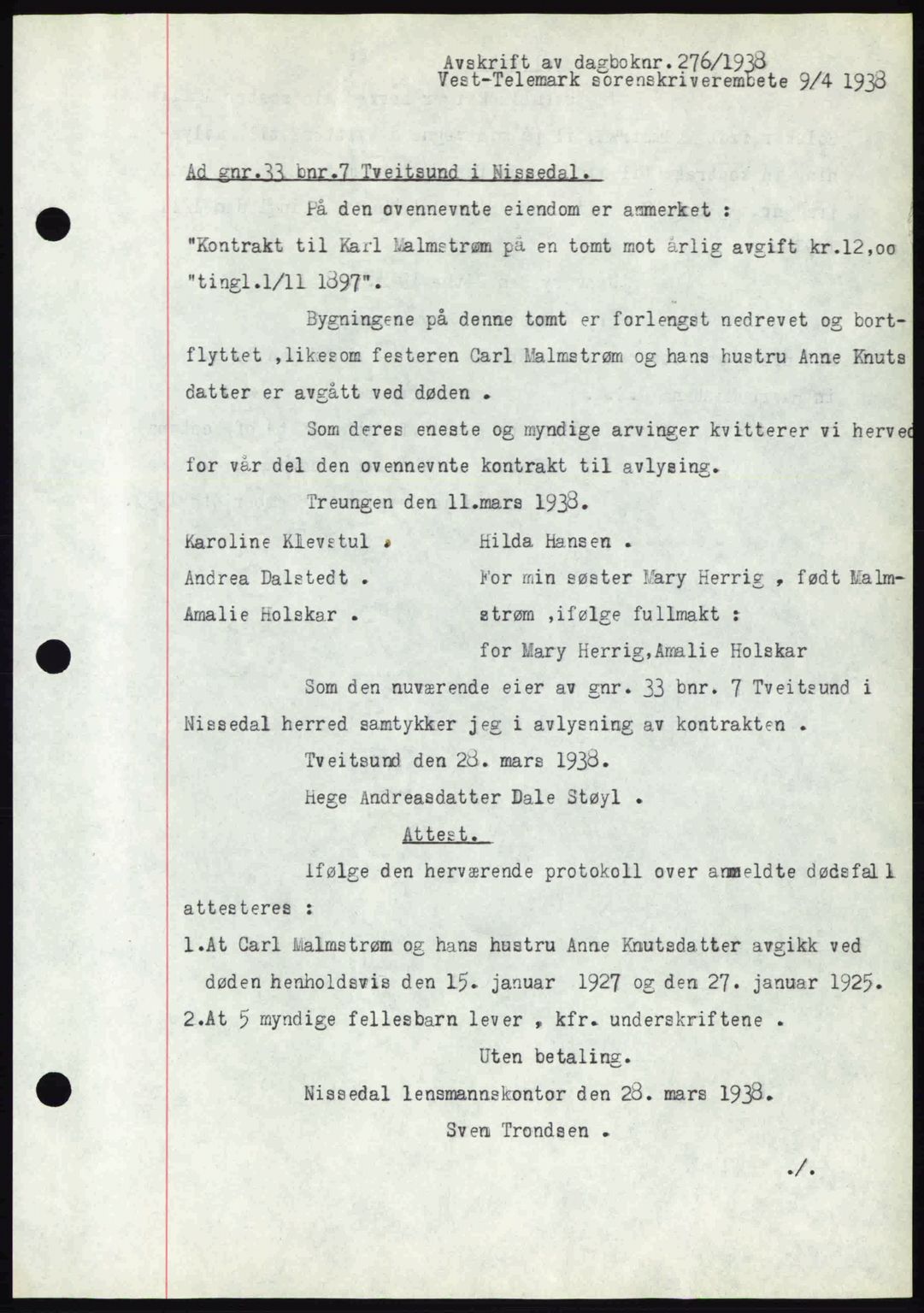 Vest-Telemark sorenskriveri, AV/SAKO-A-134/G/Ga/Gad/L0001: Pantebok nr. B-1, 1937-1938, Dagboknr: 276/1938